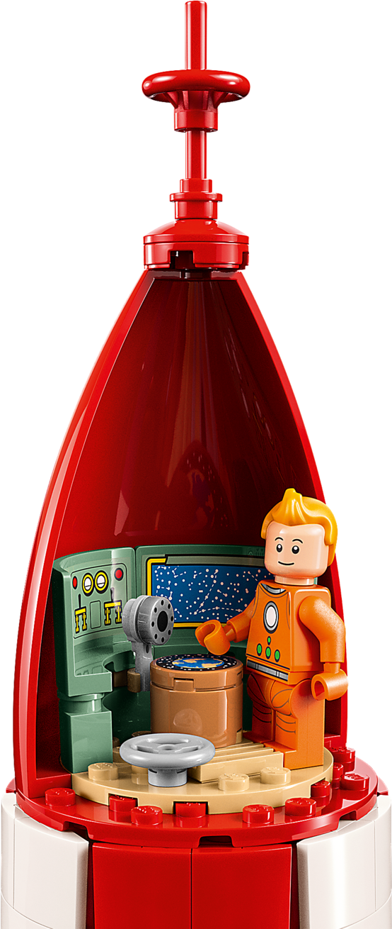 Astronaute Lego en combinaison spatiale orange à l'intérieur d'un cockpit de fusée rouge avec carte stellaire et contrôles.
