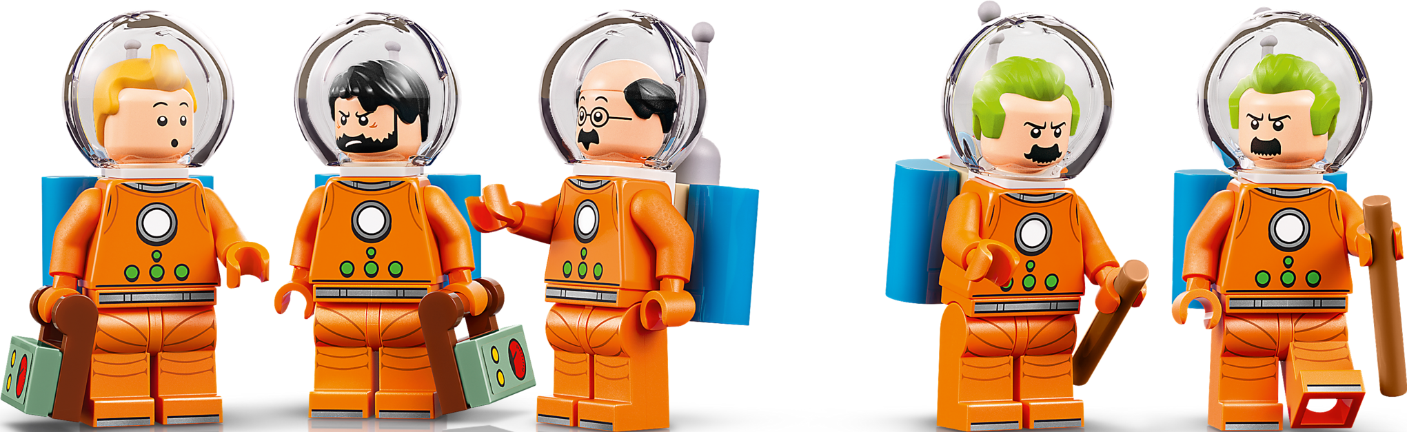 Cinq figurines Lego en combinaisons spatiales orange avec des casques ronds sur fond noir.