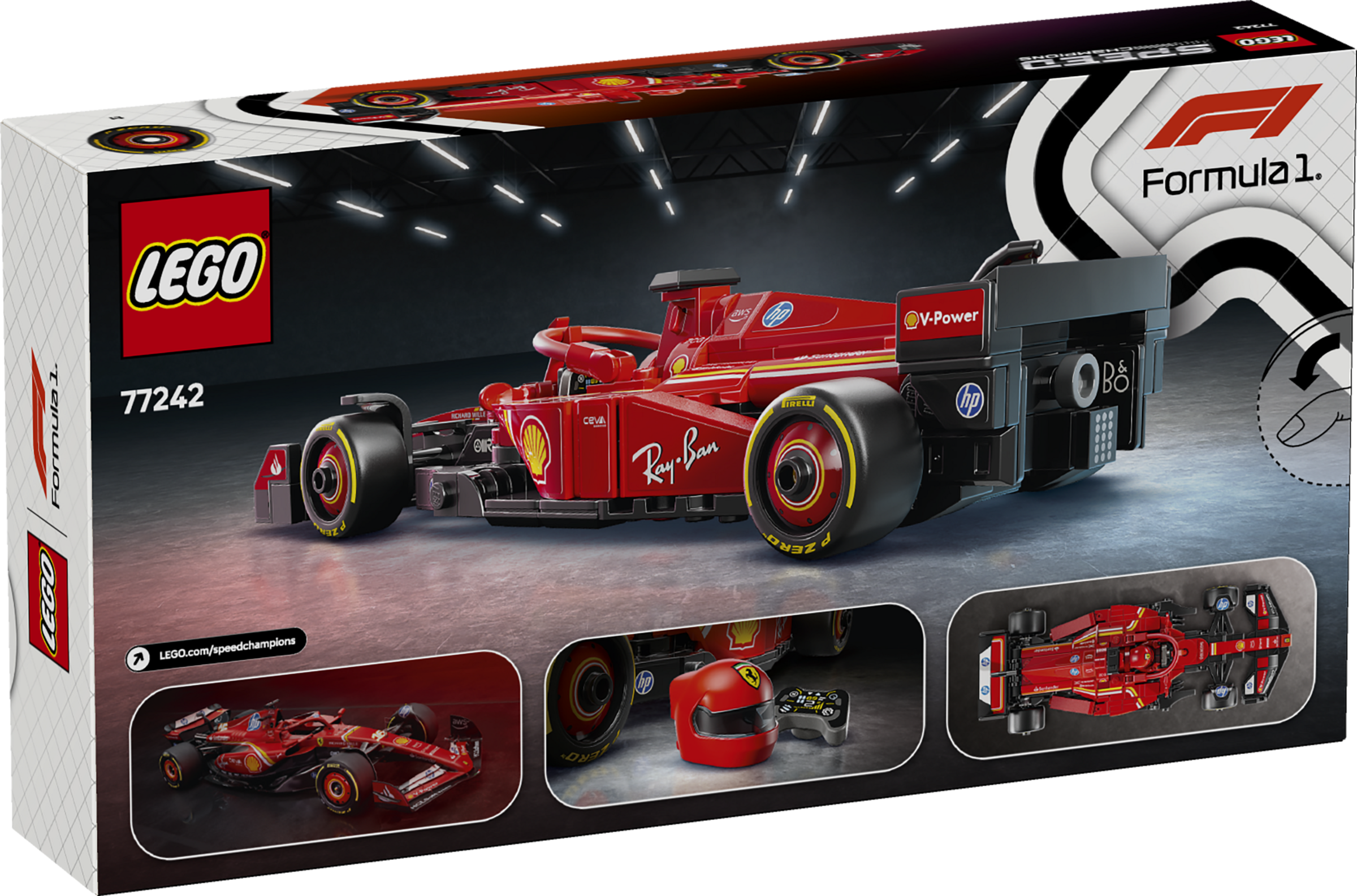 LEGO Speed Champions Formel 1 Ferrari Set Karton mit rotem Rennauto, Helm und Draufsicht auf das Auto.