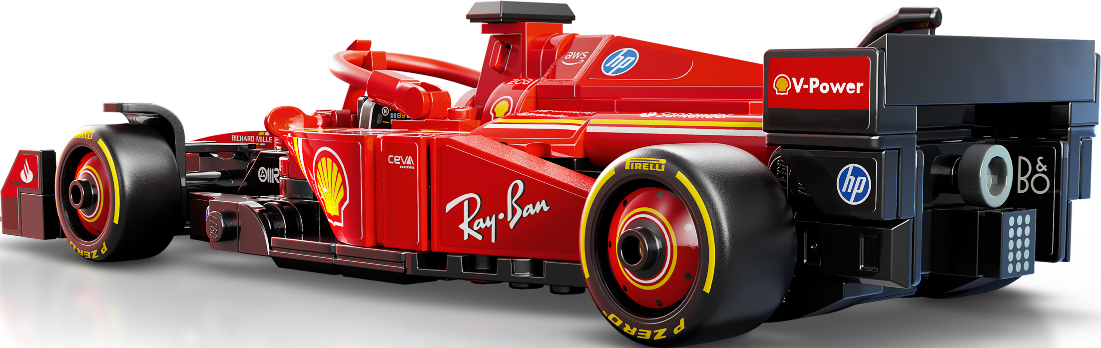 Ein roter Lego Formel 1 Rennwagen mit Sponsorenlogos vor schwarzem Hintergrund.