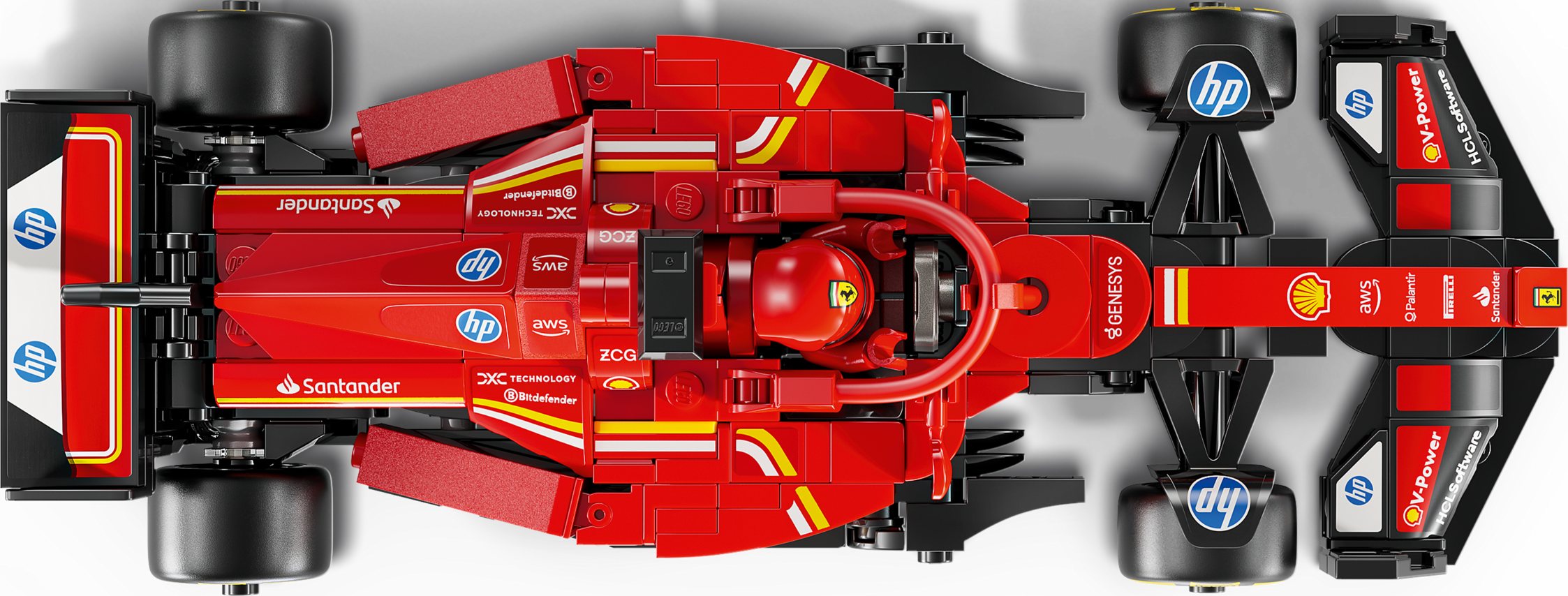 Ein roter Lego-Formel-1-Rennwagen von oben auf schwarzem Hintergrund mit Logos.
