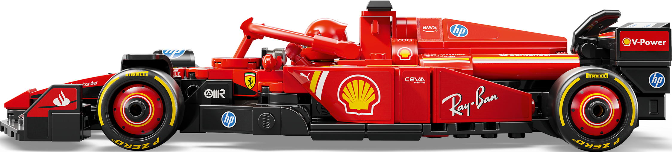 Ein roter Lego Formel 1 Ferrari-Rennwagen von der Seite, mit Sponsorenlogos und Pirelli-Reifen auf schwarzem Grund.