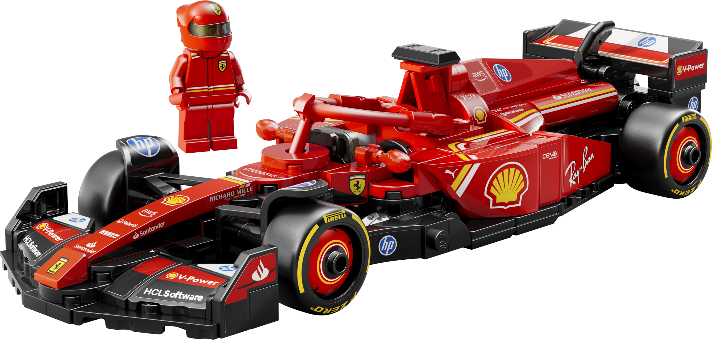 Ein roter Lego Ferrari Formel-1-Rennwagen mit Fahrerfigur vor schwarzem Hintergrund.