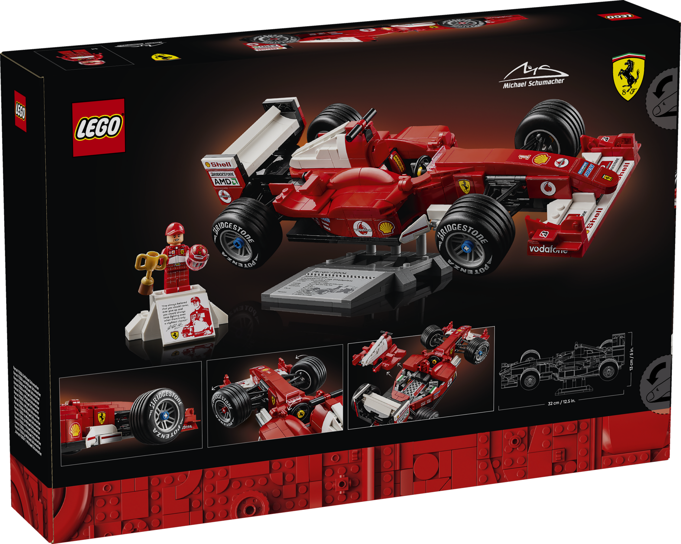 Lego Ferrari F2004 Formel-1-Rennwagen-Set mit Minifigur, Trophäe und kleineren Detailbildern.