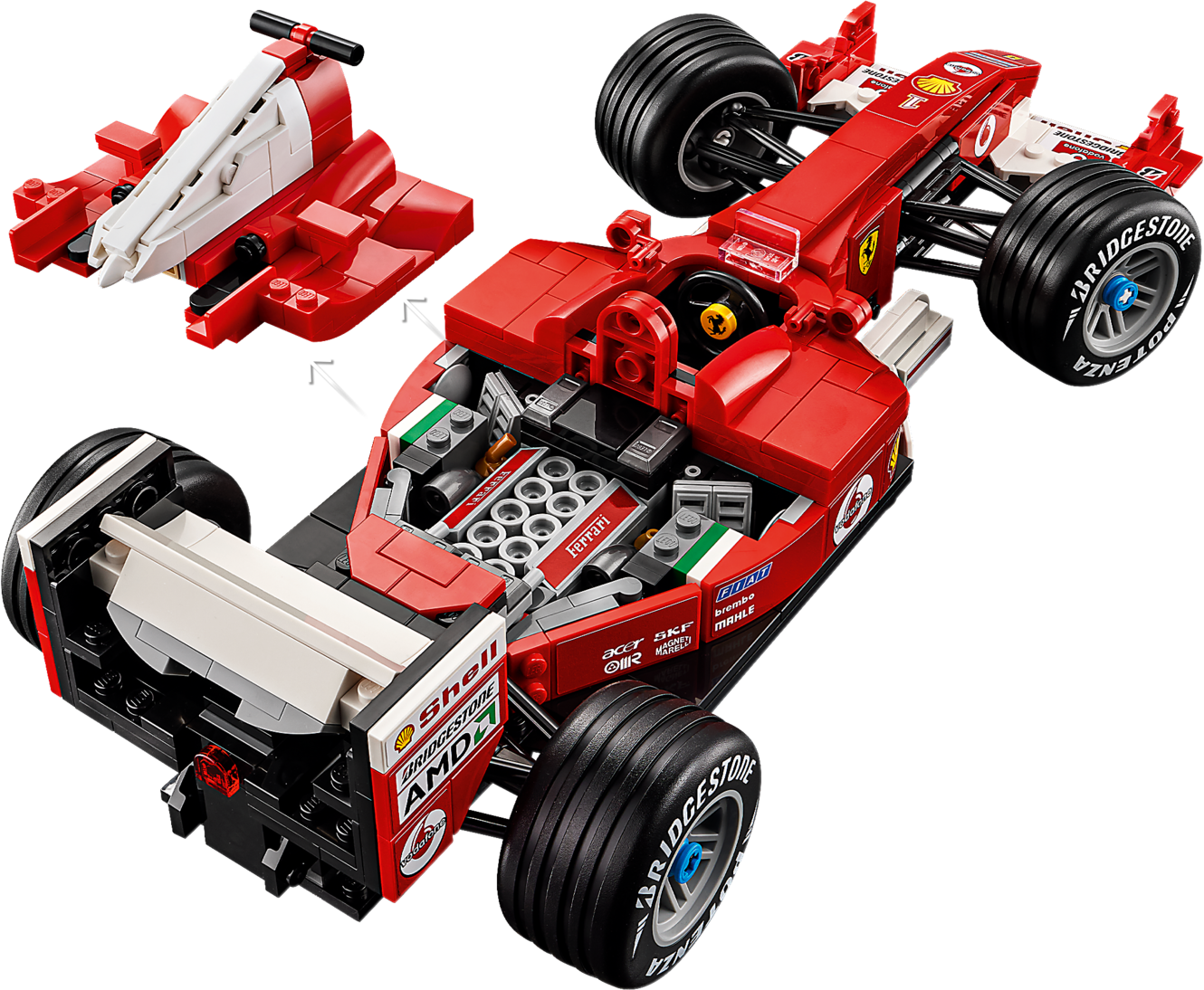 Ein roter Lego Formel-1-Rennwagen mit freiliegendem Motor und einem separaten Frontflügel.