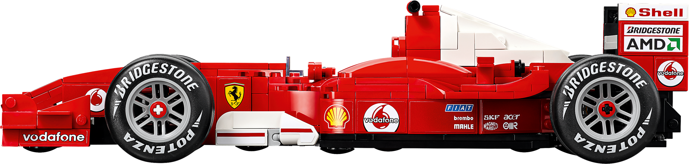 Seitenansicht eines roten Lego-Formel-1-Rennwagens mit Sponsorenlogos vor schwarzem Hintergrund.