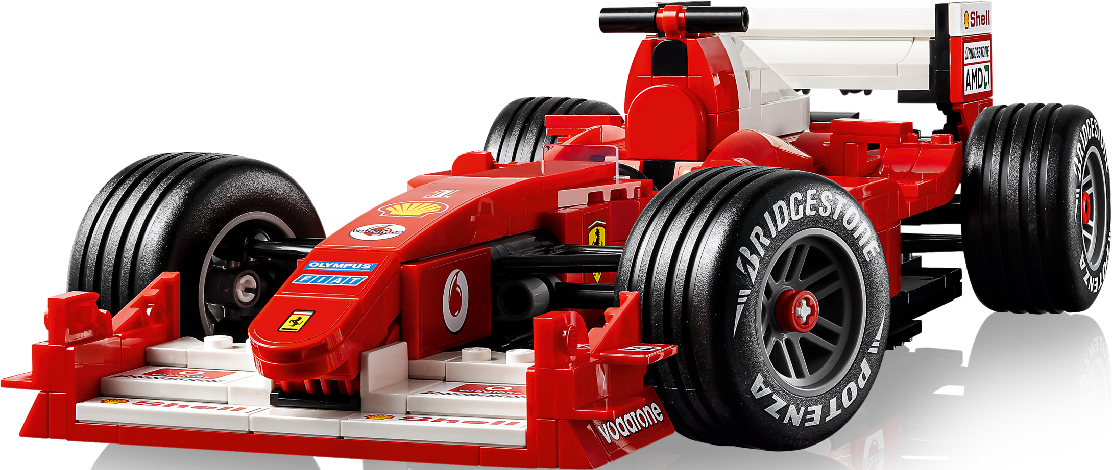 Ein roter Formel-1-Rennwagen aus Lego-Steinen vor schwarzem Hintergrund mit Markenlogos.