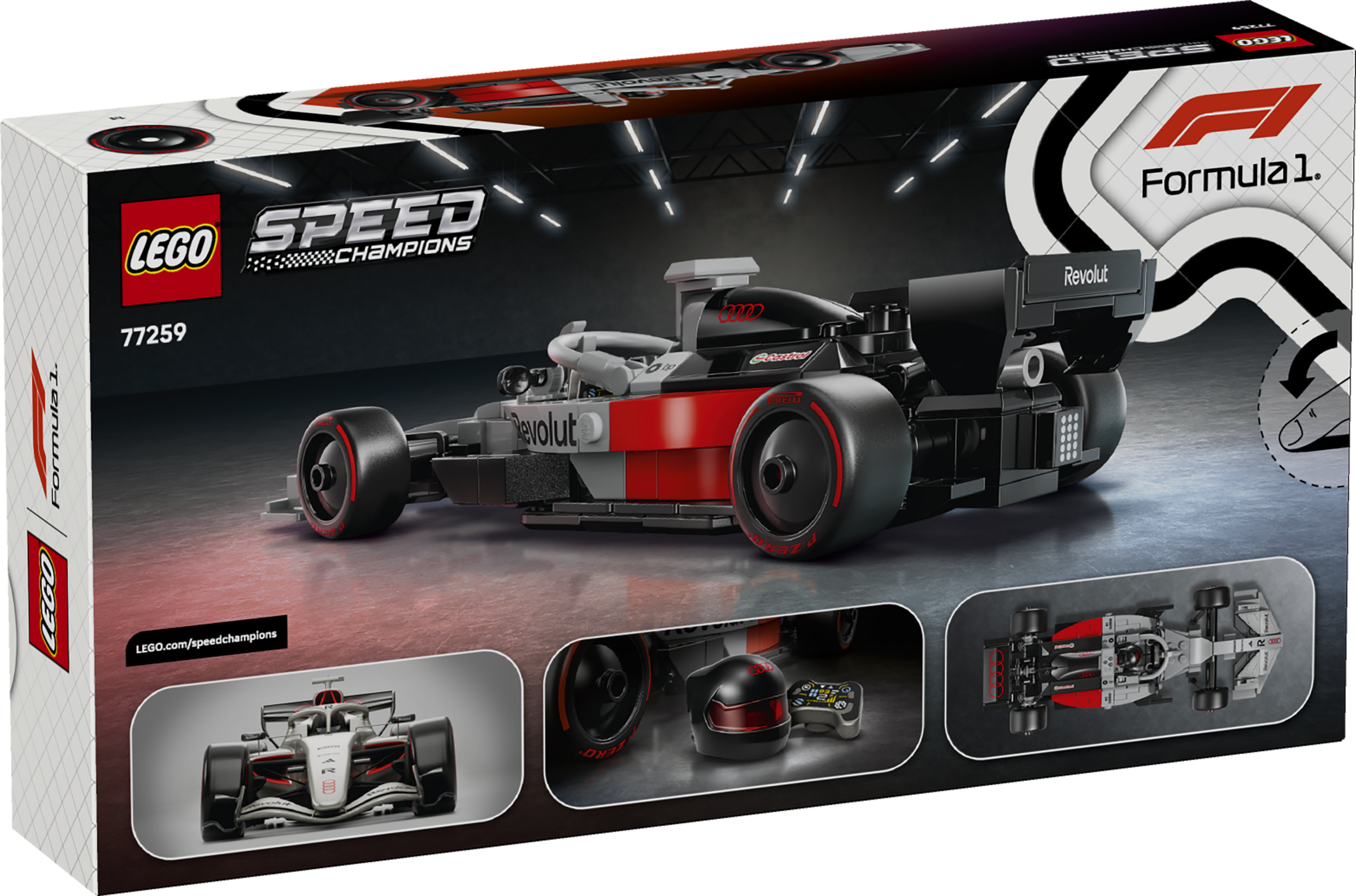 LEGO Speed Champions Formel 1 Rennwagen-Set Box mit roten und schwarzen Details.