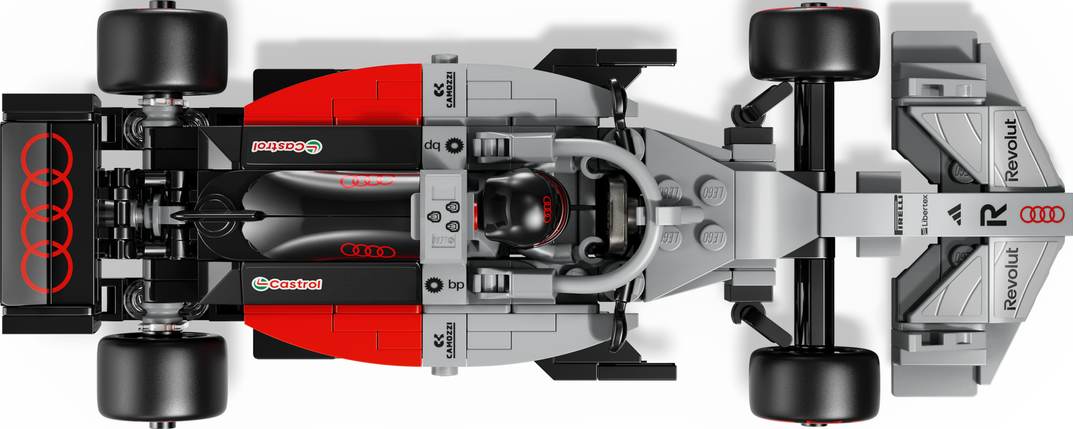 Draufsicht auf ein Lego Audi F1-Automodell in Rot, Grau und Schwarz mit Sponsorenlogos.