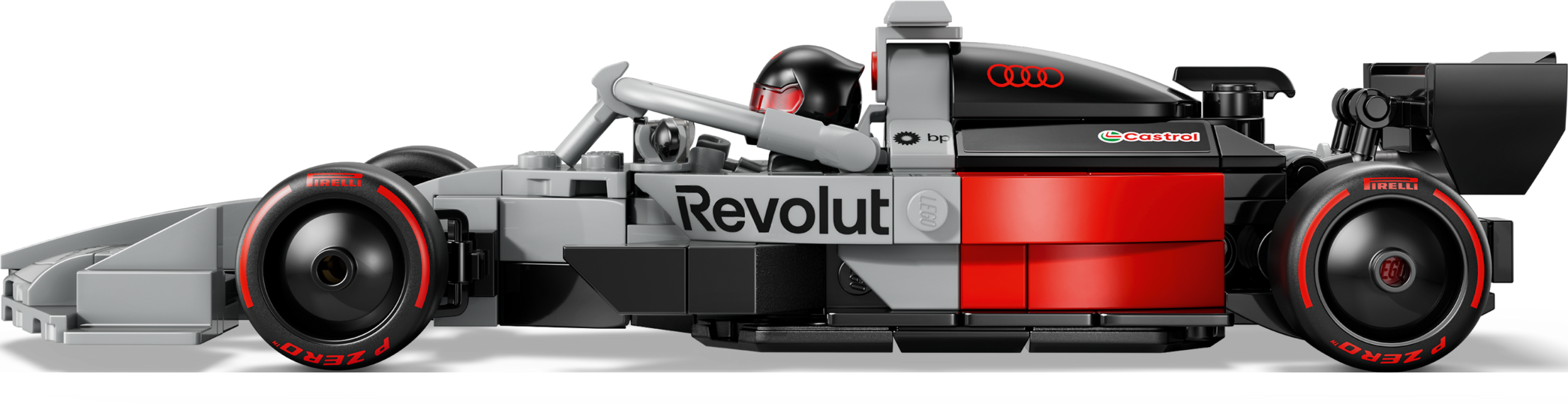 Seitenansicht eines Lego Formel 1 Rennwagens in Schwarz, Grau und Rot mit Sponsorenlogos vor schwarzem Hintergrund.