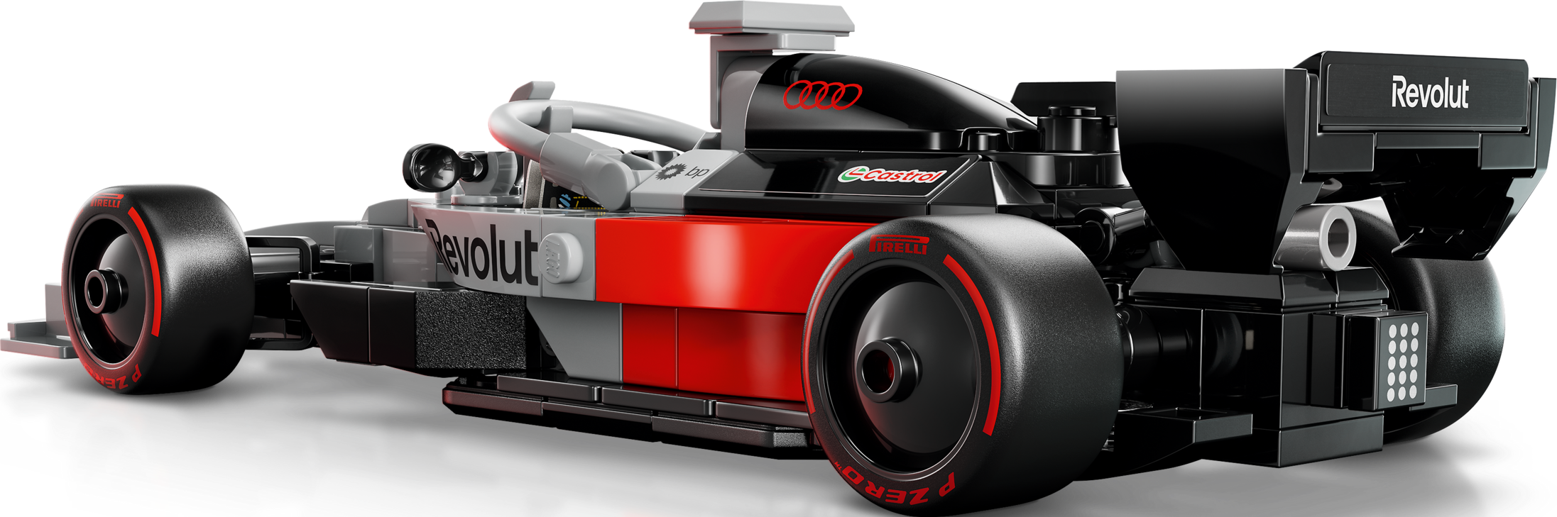 Ein Lego-Formel-1-Rennwagen in Schwarz, Grau und Rot mit Markenlogos auf schwarzem Hintergrund.
