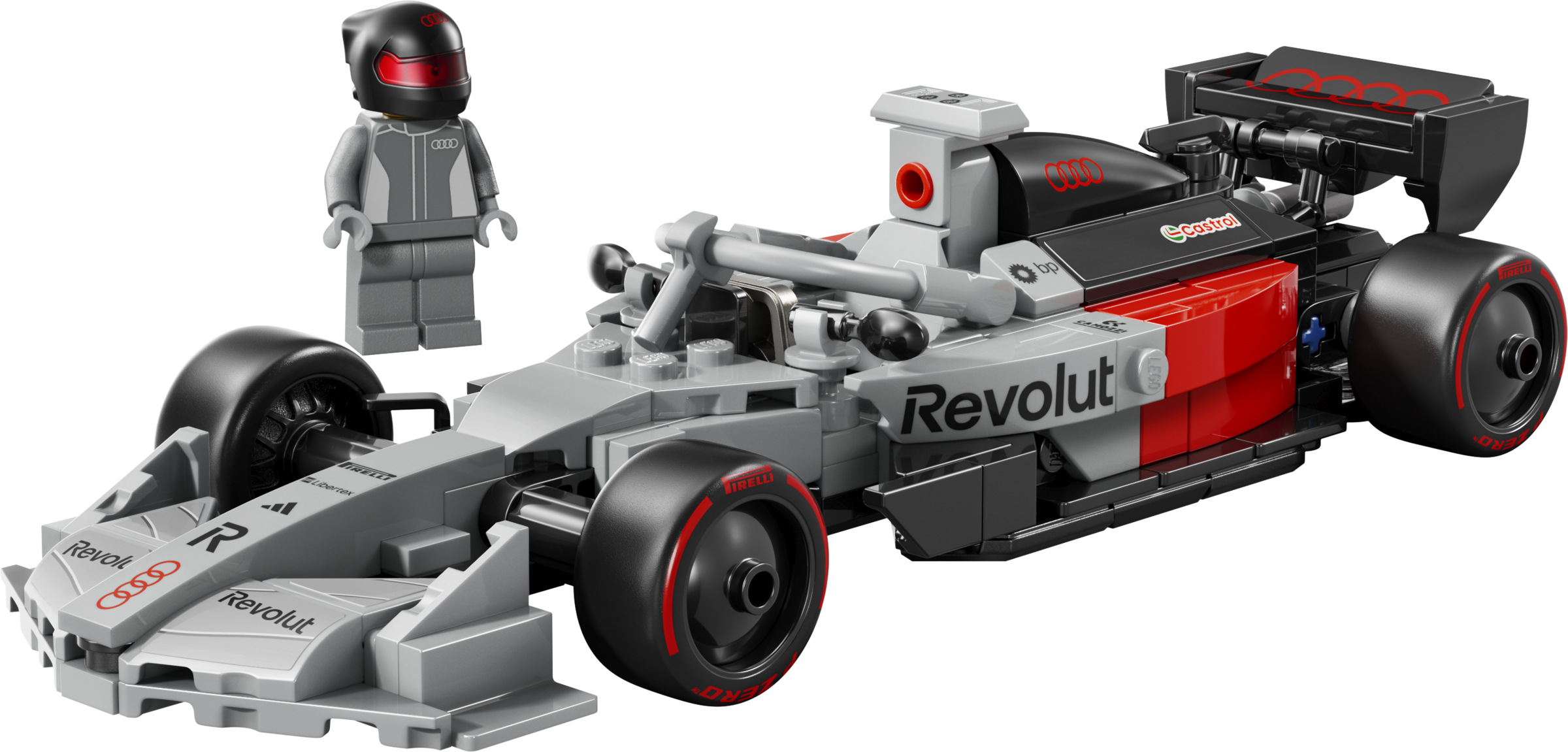 Ein Lego-Formel-1-Rennwagen in Grau, Schwarz und Rot mit Reifen und einer passenden Minifigur im Rennanzug.