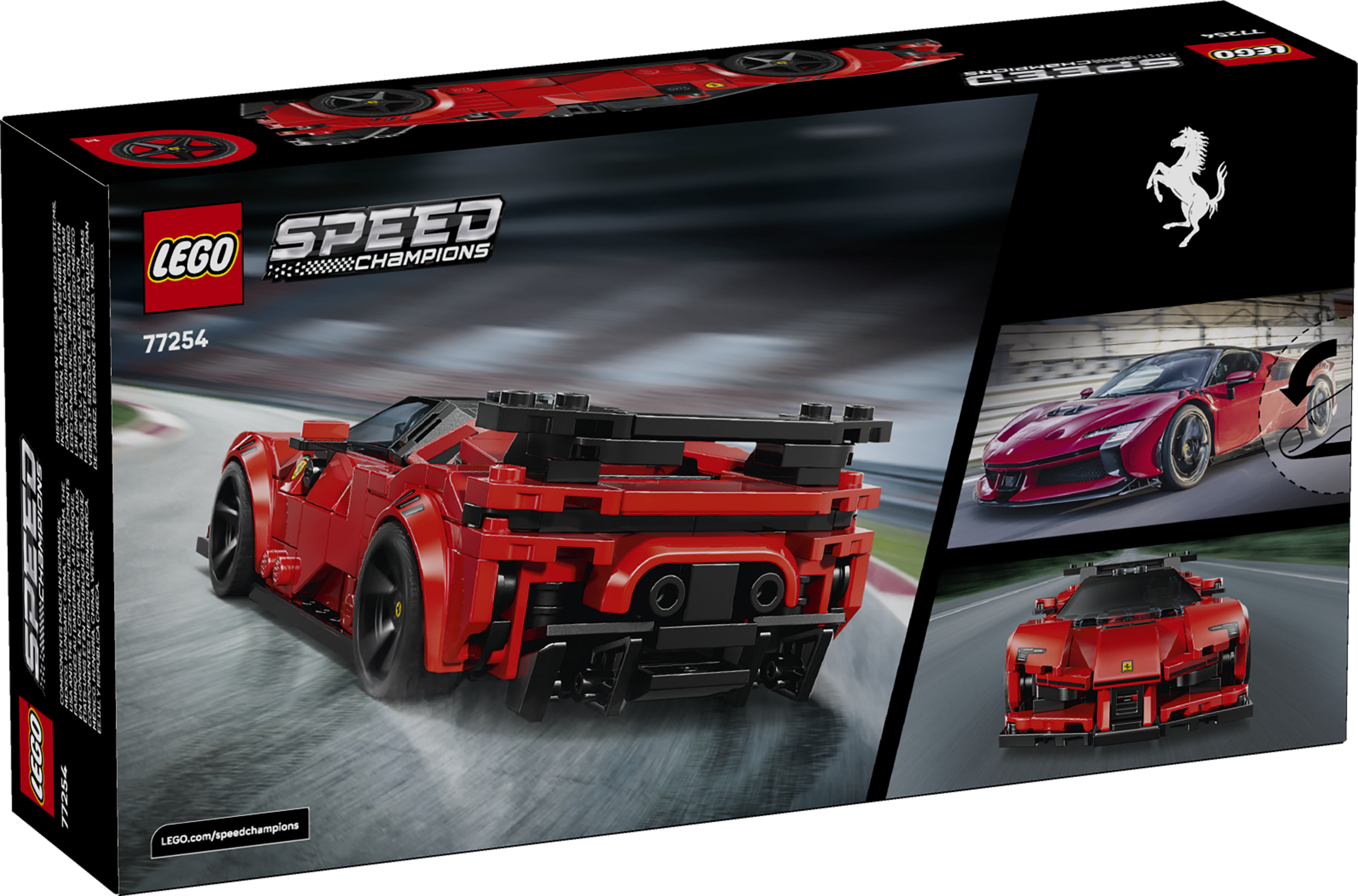 Lego Speed Champions Ferrari Set-Box zeigt ein rotes LEGO Auto auf einer Rennbahn.