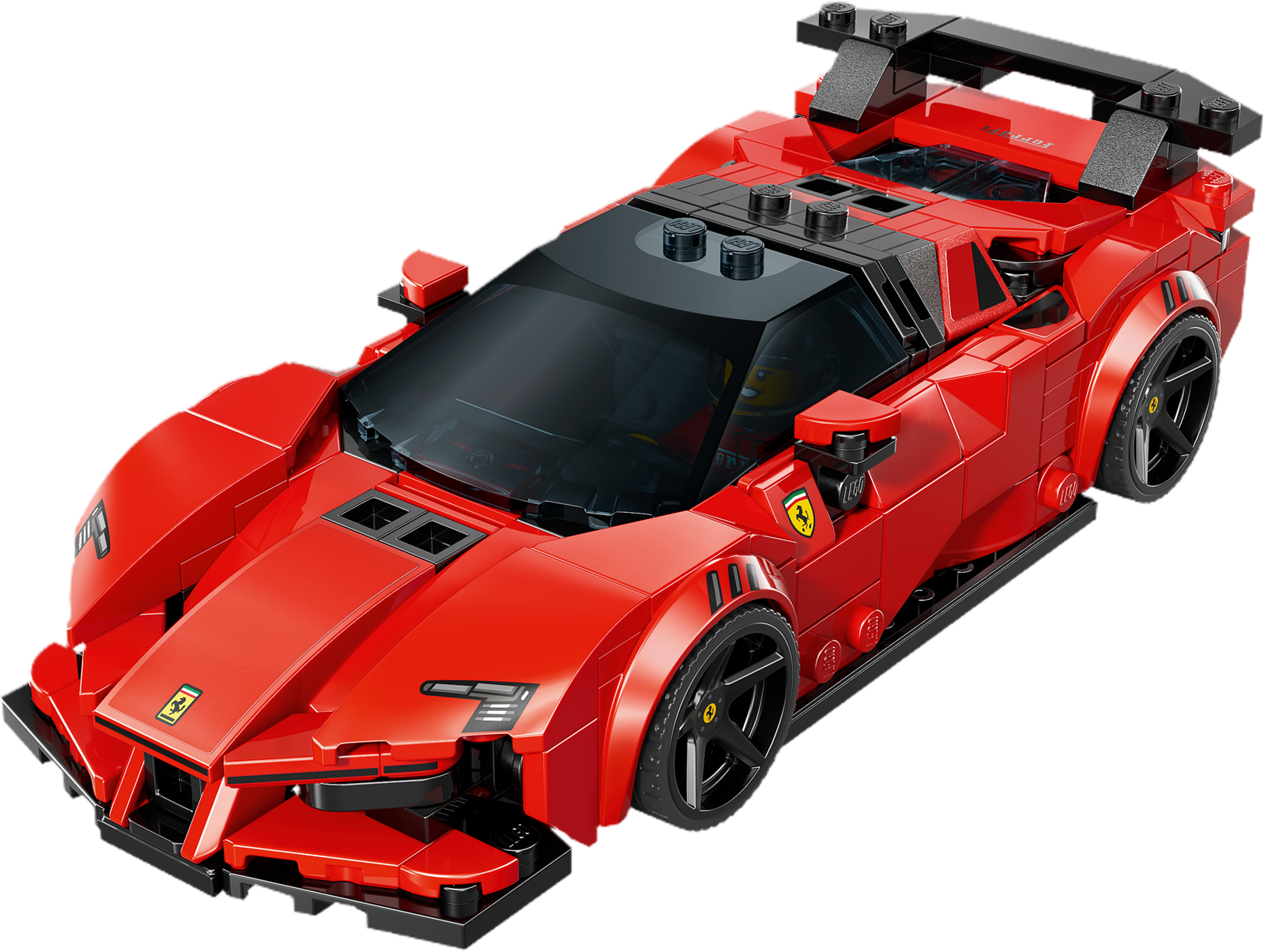 Ein rotes Lego Ferrari Sportauto-Spielzeug vor schwarzem Hintergrund.