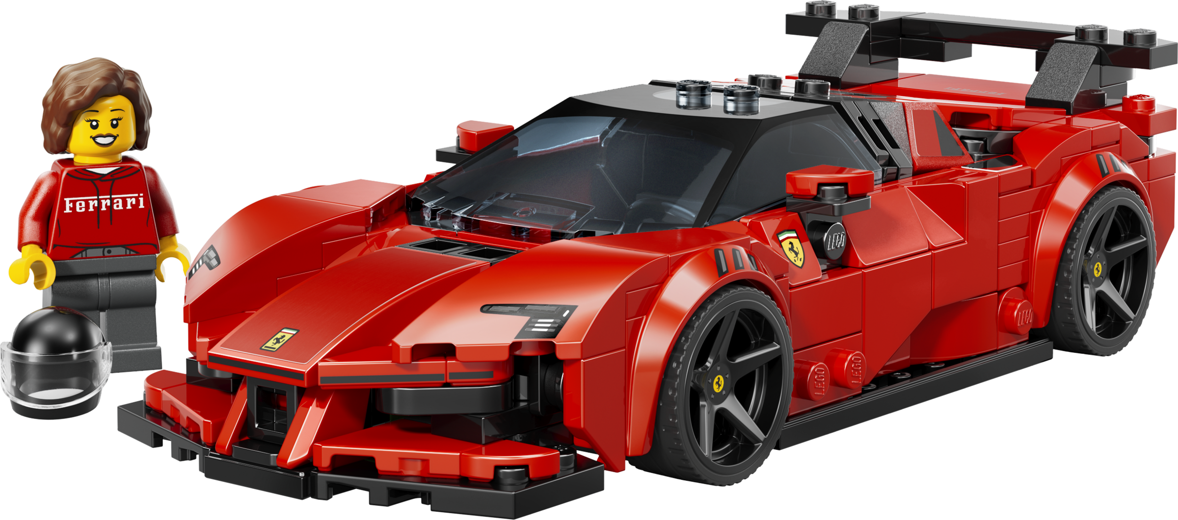Roter LEGO Ferrari Sportwagen mit schwarzem Flügel und minifigur in Ferrari Pullover mit Helm.