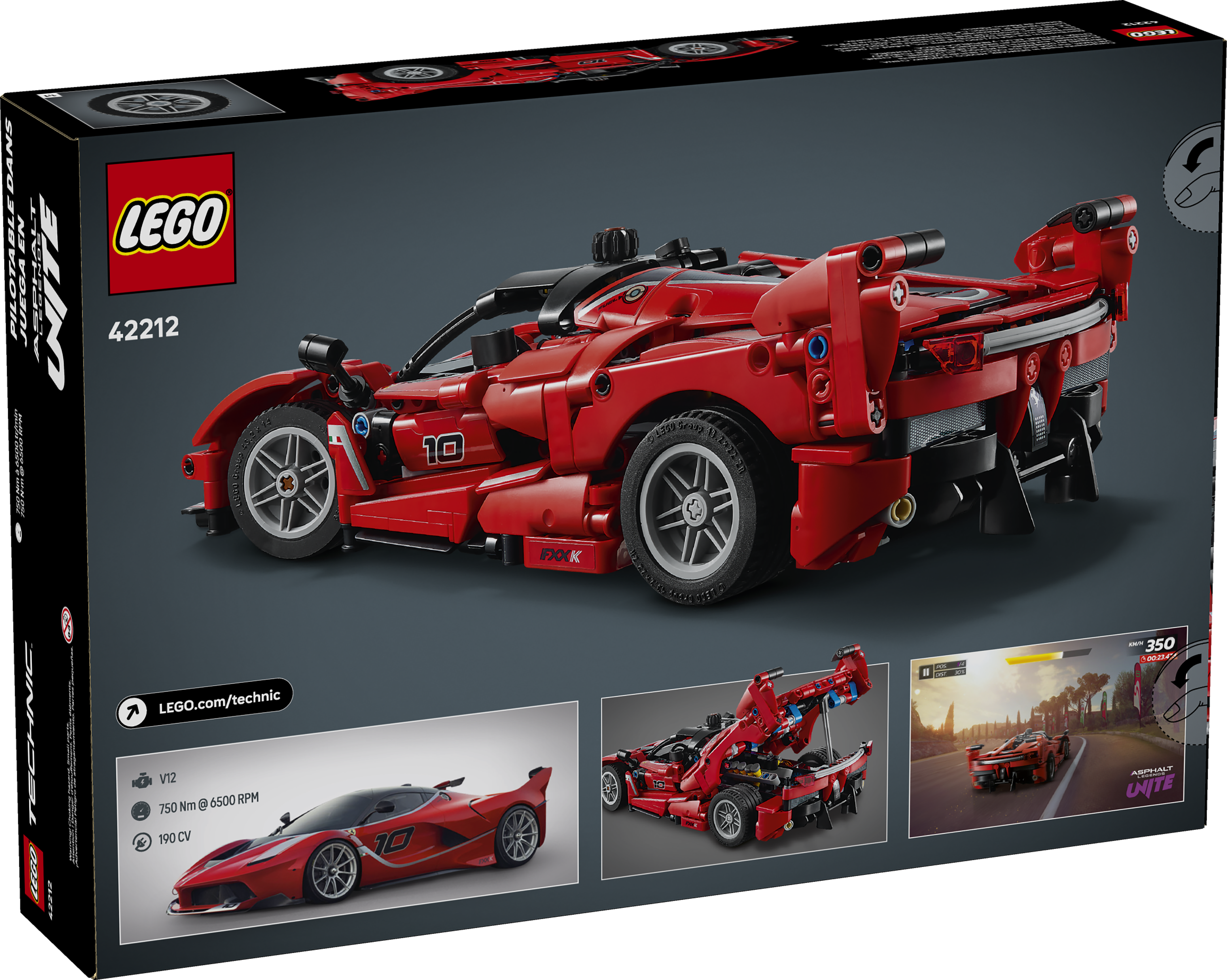 Emballage d'une voiture de course Lego Technic Ferrari rouge avec des détails au dos.