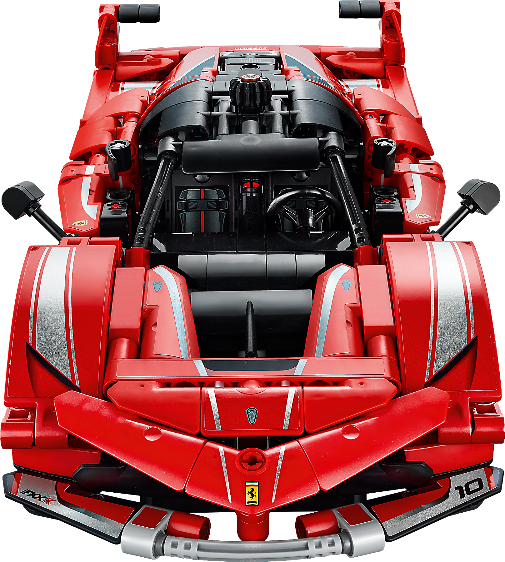 Vue de dessus d'une voiture de course Lego Technic rouge avec cockpit ouvert et logo Ferrari.