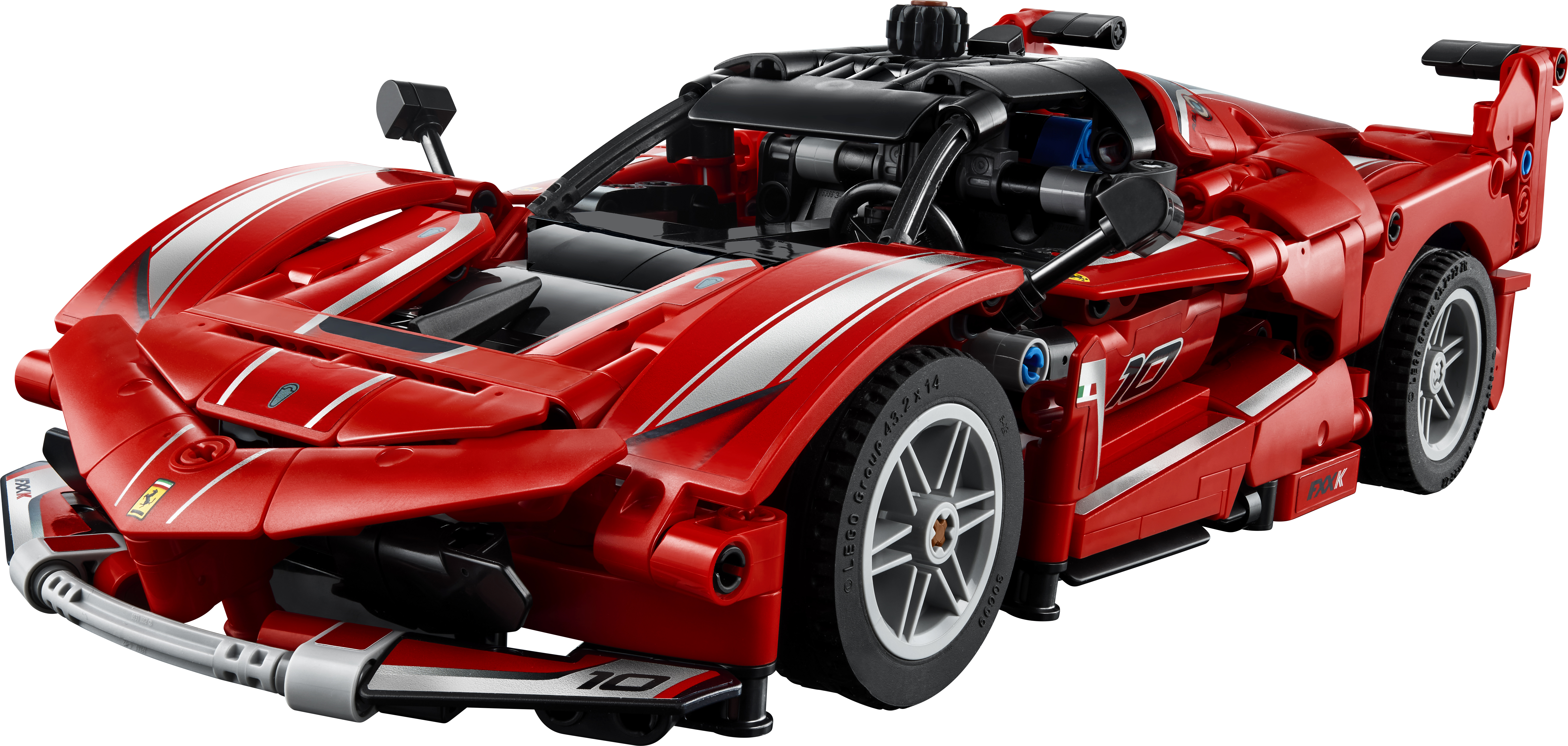 Une voiture jouet rouge Lego Technic Ferrari sur fond blanc.