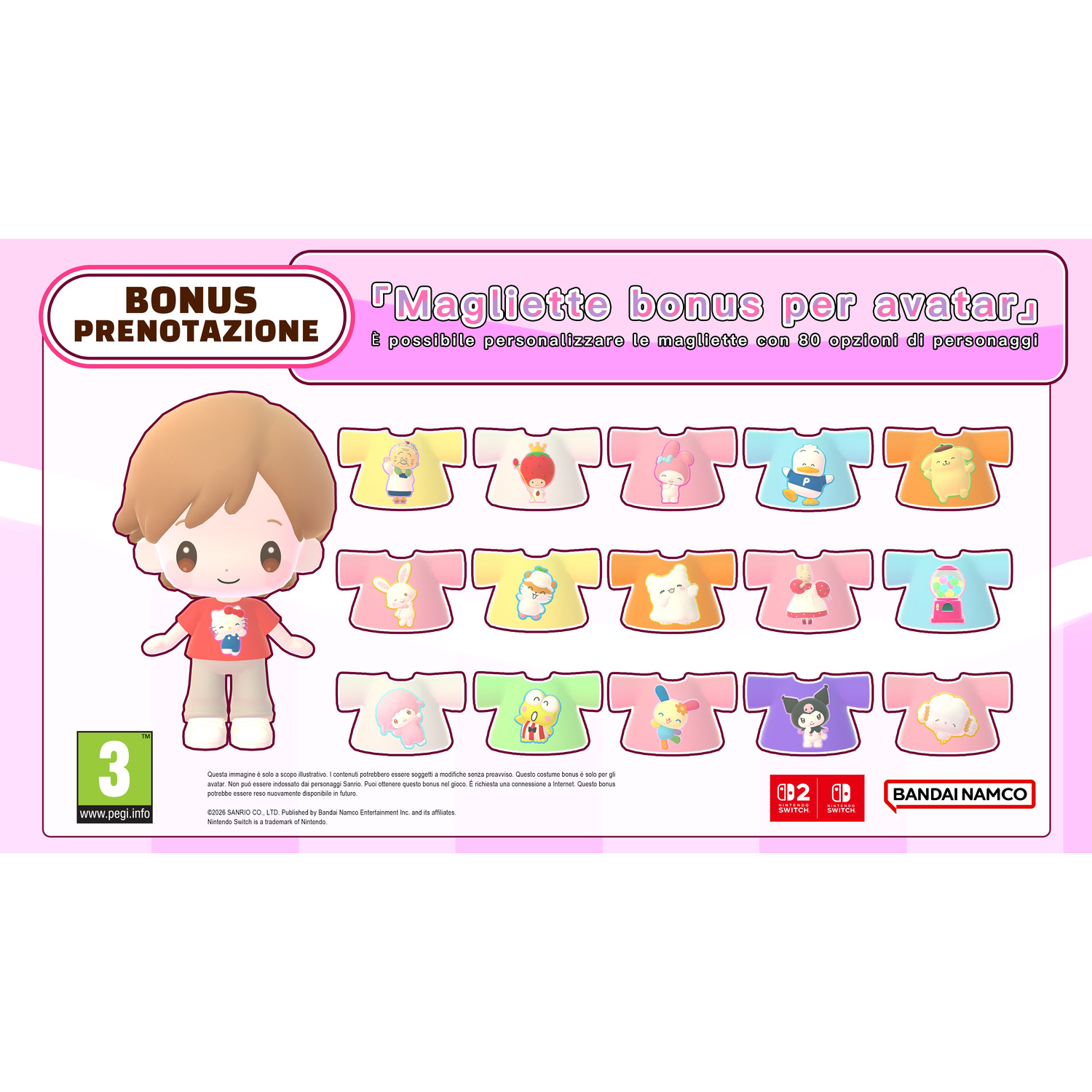 Un avatar con maglietta rossa accanto a una griglia di quindici magliette colorate con Sanrio.