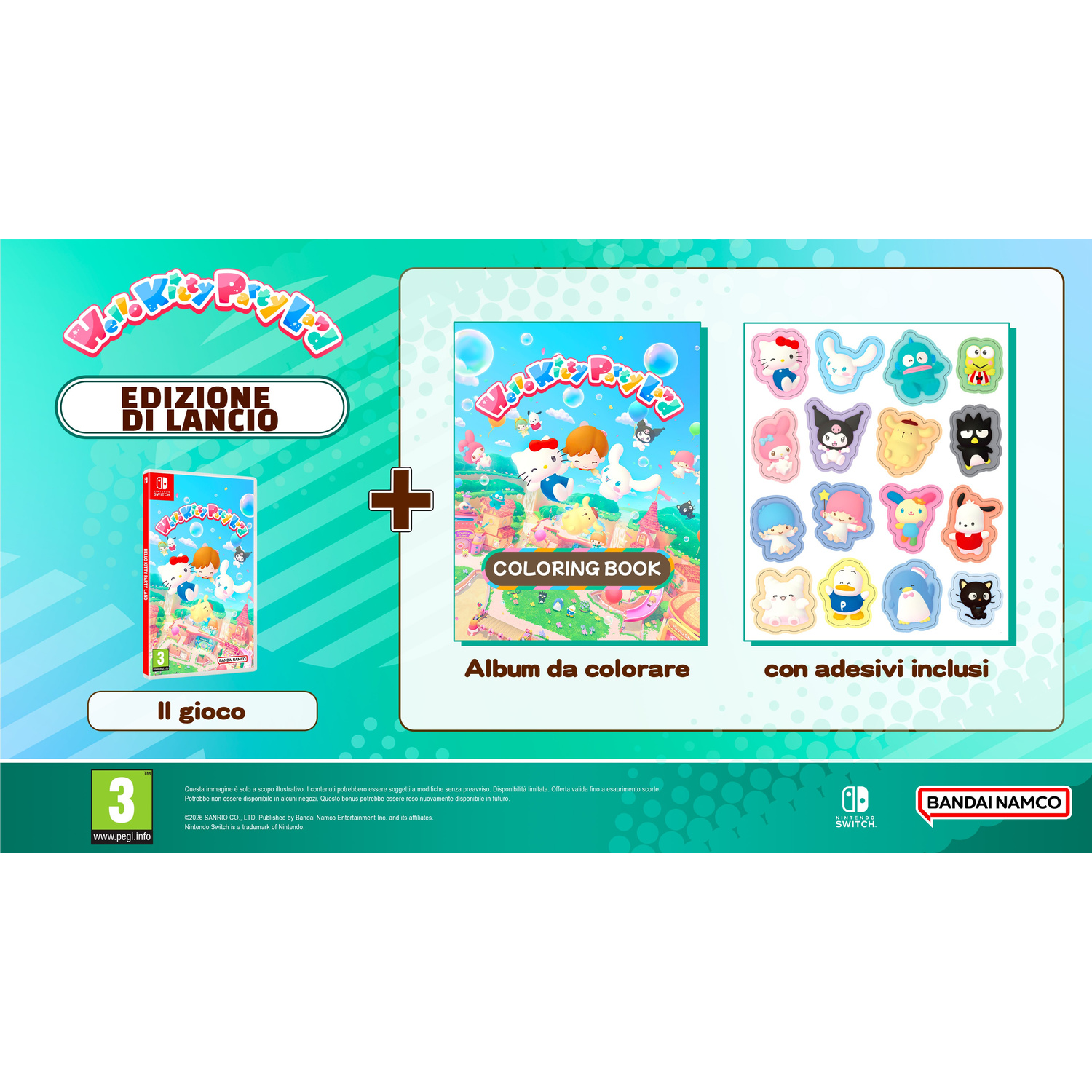 Edizione di lancio di Hello Kitty Party Land per Nintendo Switch con album e adesivi.