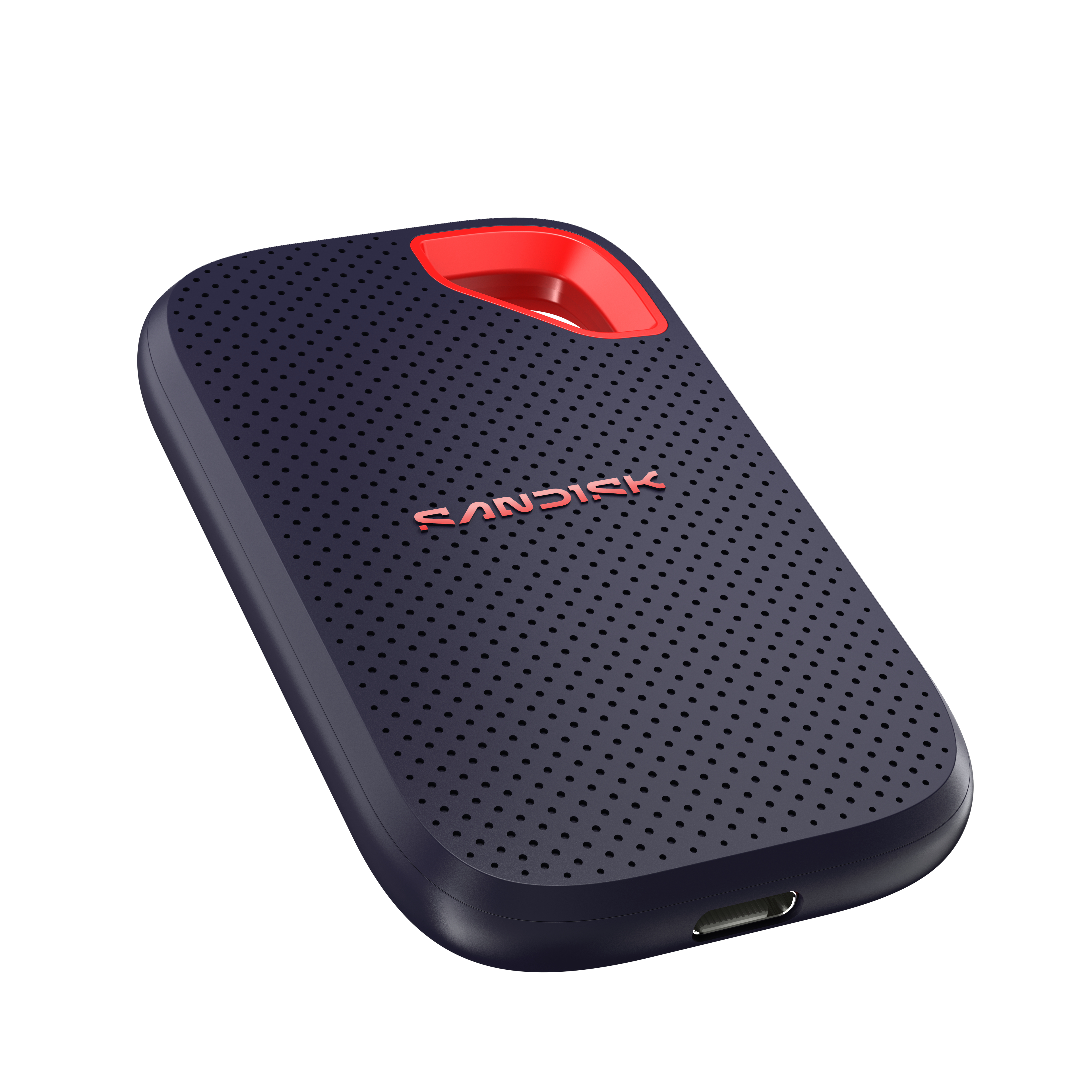 Dunkelblaue SanDisk SSD mit rotem Akzent, Aufhängeschlaufe und USB-C-Anschluss auf weißem Hintergrund.