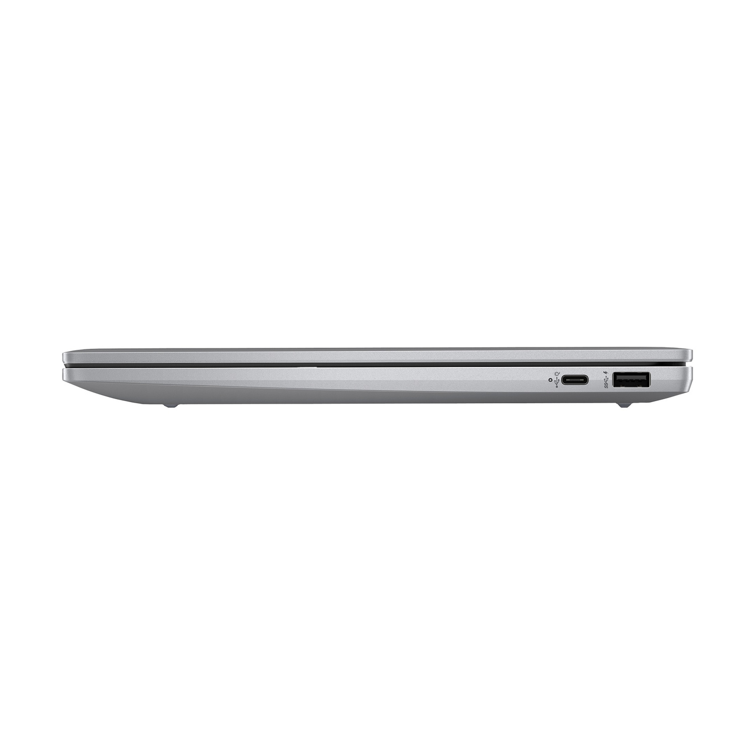 Vista laterale di un laptop argentato chiuso che mostra una porta USB-C e una porta USB standard su sfondo bianco.