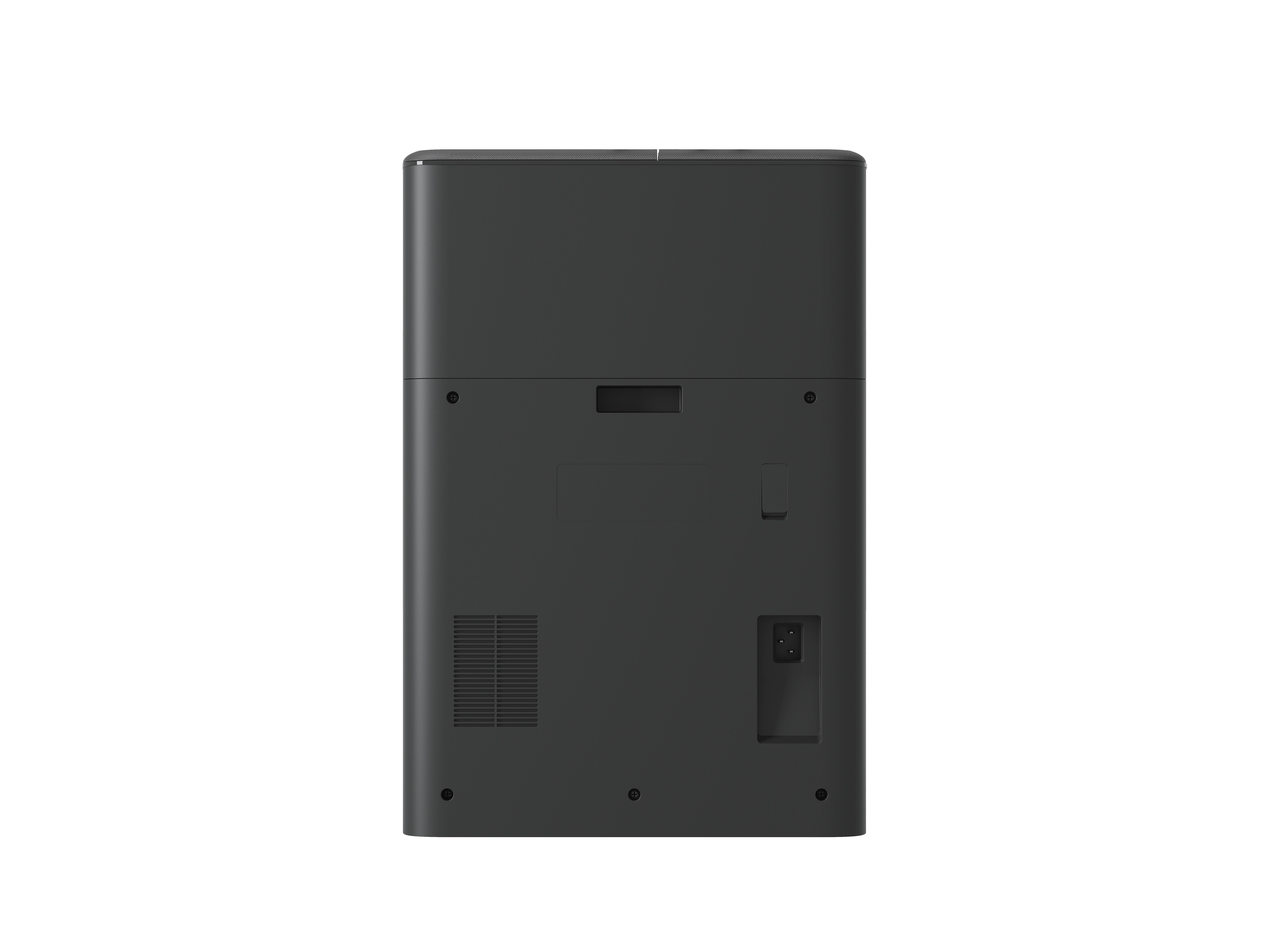 Rückansicht eines schwarzen elektronischen Geräts mit Steckdose, Lüftungsgitter und Schrauben auf weißem Grund.