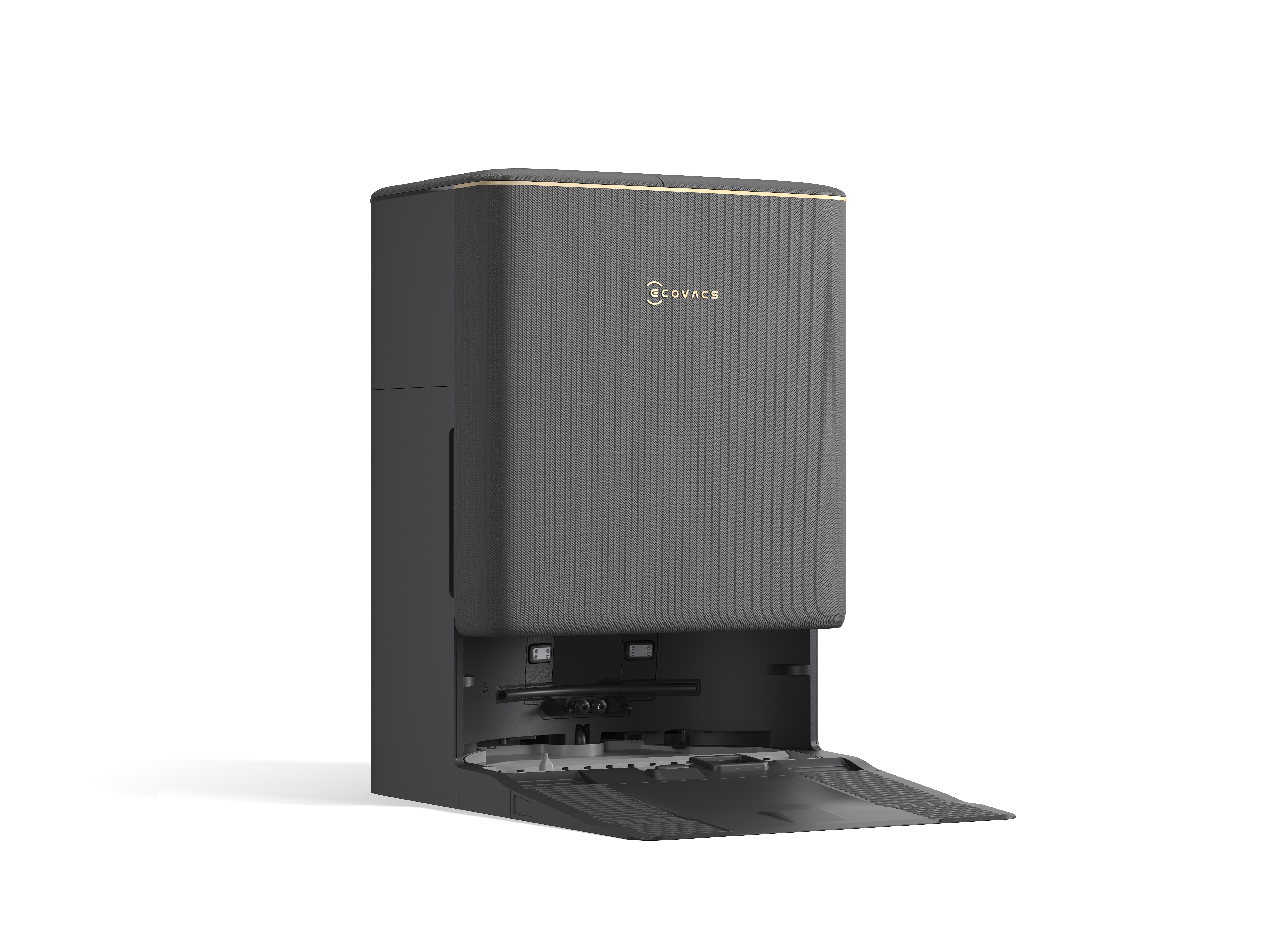 Dunkelgraue Ecovacs-Dockingstation mit goldener Akzentuierung und Laderampe vor weißem Hintergrund.