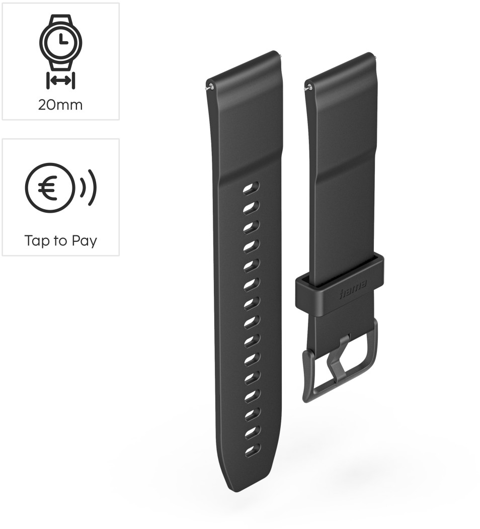 Két fekete szilikon óraszíj csattal és bal oldali 20 mm-es szélesség szimbólummal.