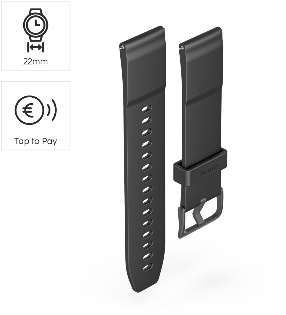 Fekete, 22 mm-es szilikon óraszíj csattal, méret és fizetés ikonokkal.