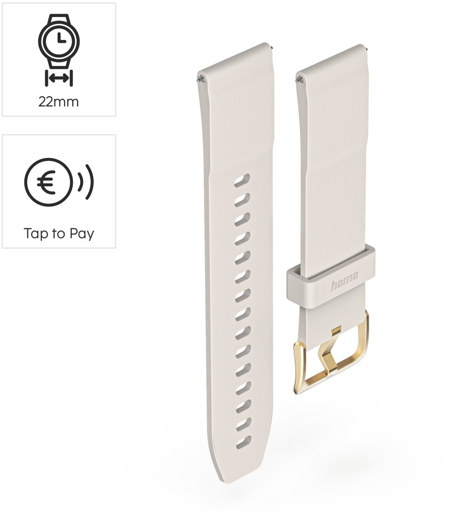 Bézs színű szilikon óraszíj, 22 mm, arany csattal, 22 mm-es és érintéses fizetés ikonokkal.
