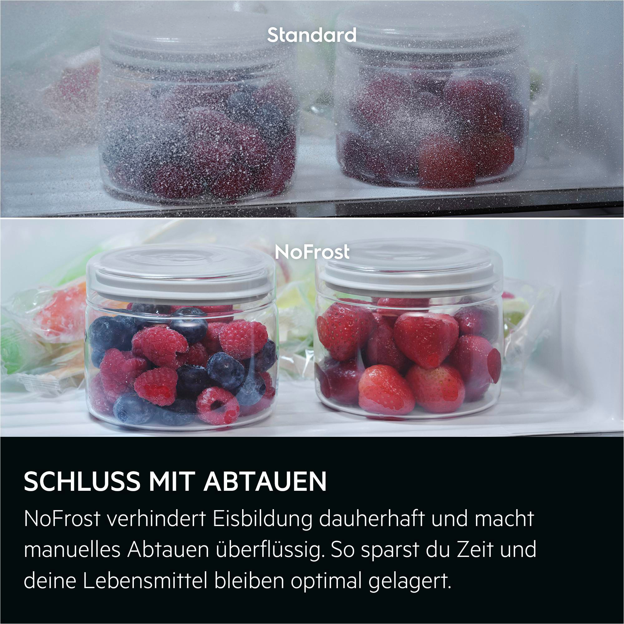 Vergleich von Standard-Eisbildung und NoFrost: Jede Seite zeigt zwei Dosen mit Früchten im Kühlschrank.