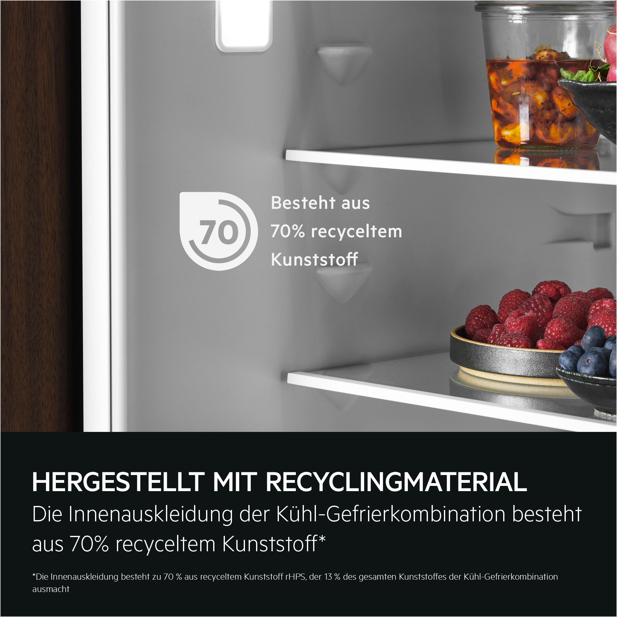 Innenraum eines Kühlschranks mit Text zur Verwendung von 70% recyceltem Kunststoff und frischen Lebensmitteln.