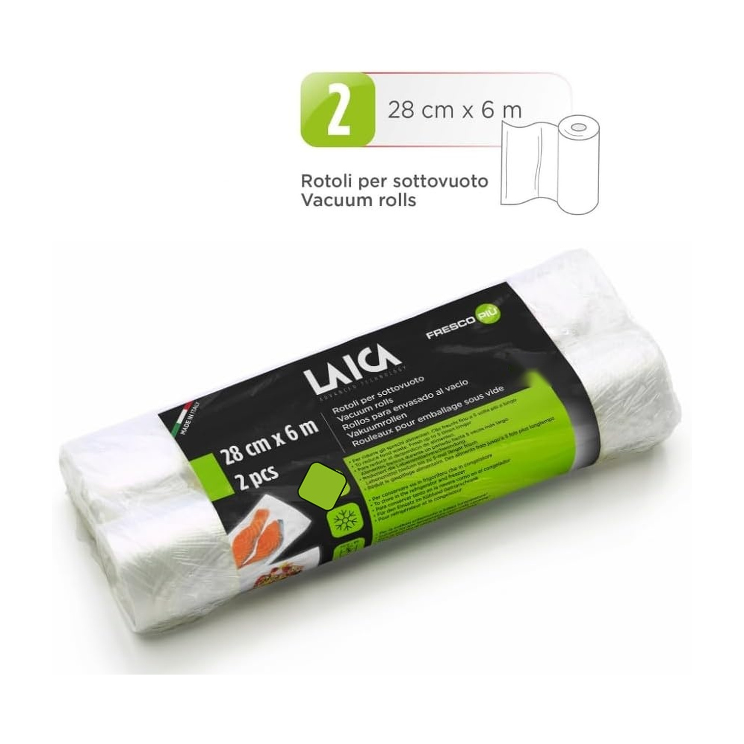 Due rotoli per sottovuoto Laica, 28 cm x 6 m, confezionati su sfondo bianco.