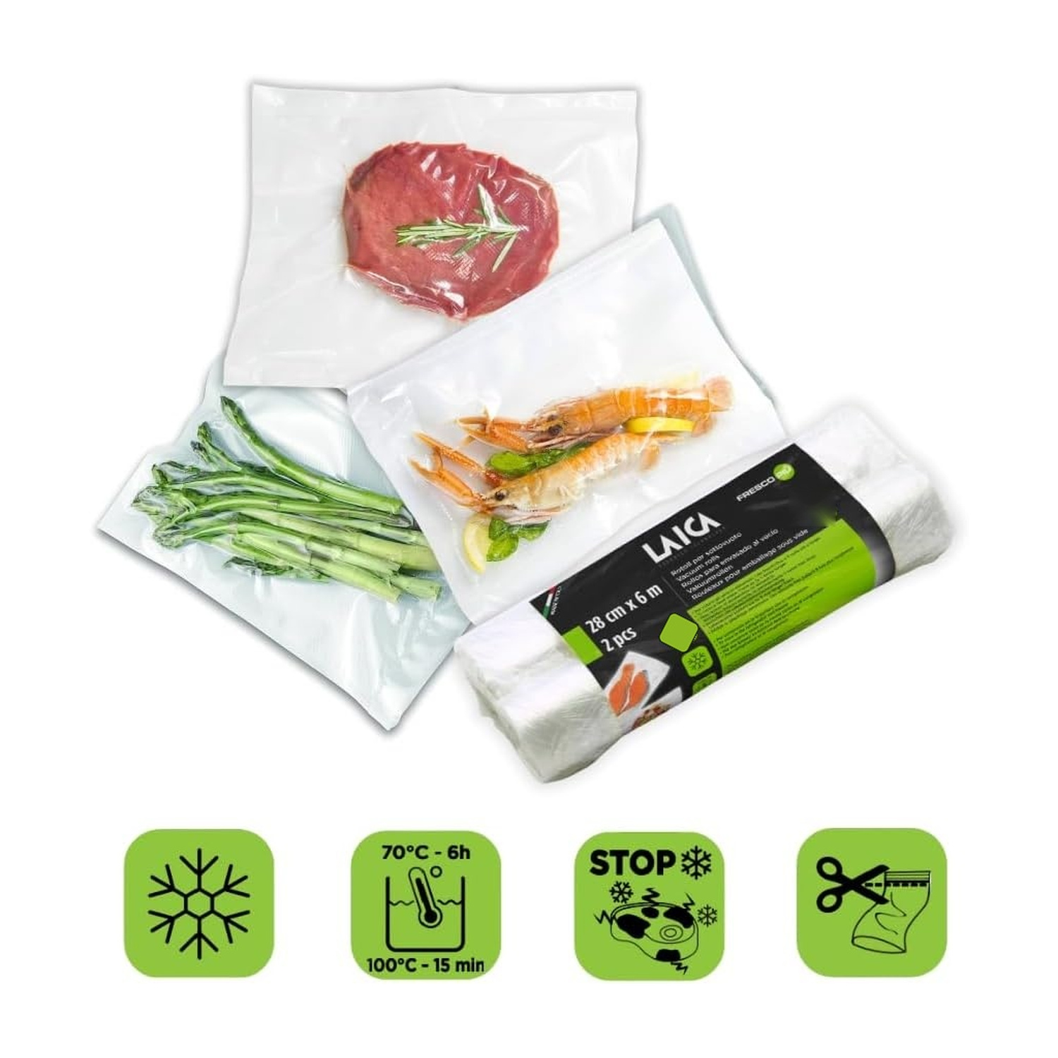 Sacchetti sottovuoto con carne, pesce e verdure, un rotolo e quattro icone verdi.