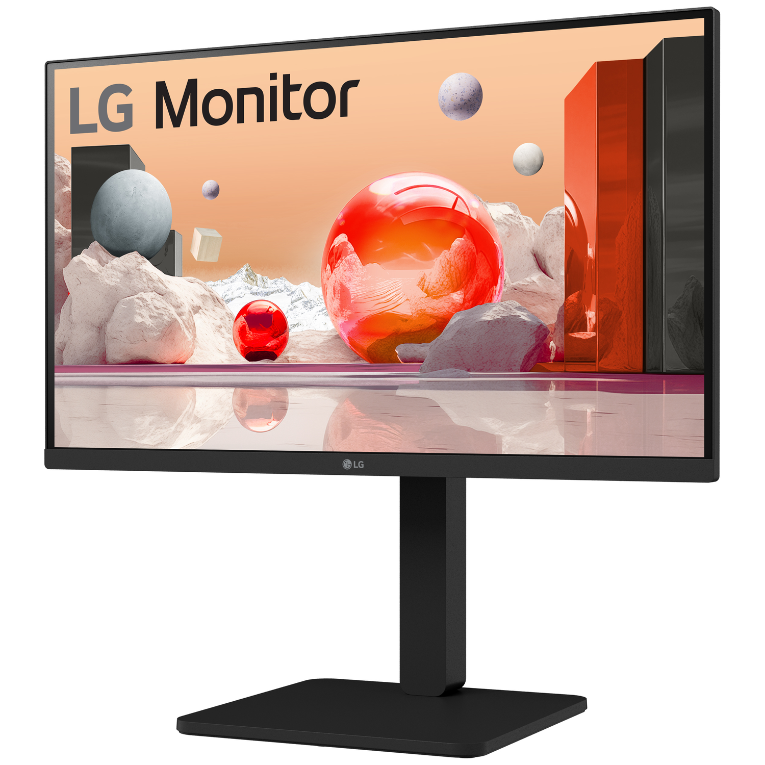 A black LG monitor displays a surreal abstract landscape with red and grey spheres and rocky formations.