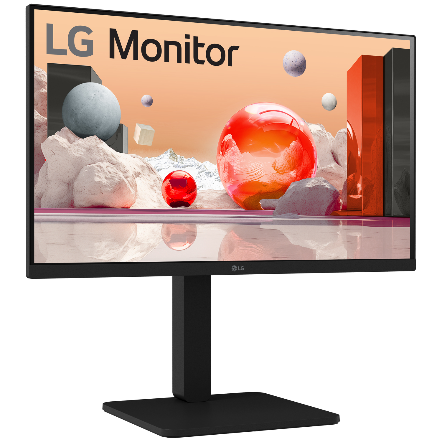 An LG monitor with a black stand displays a surreal image featuring spherical objects, rocks, and LG Monitor text.