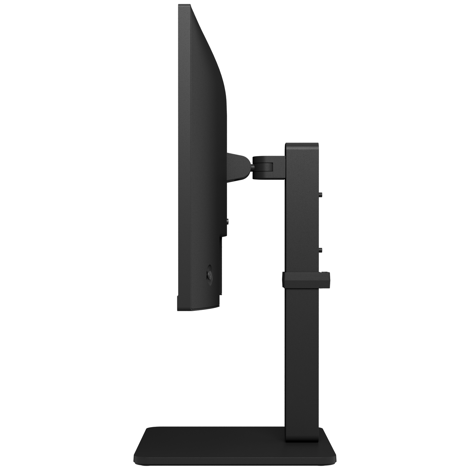 Side view of a black computer monitor on an adjustable stand against a white background.