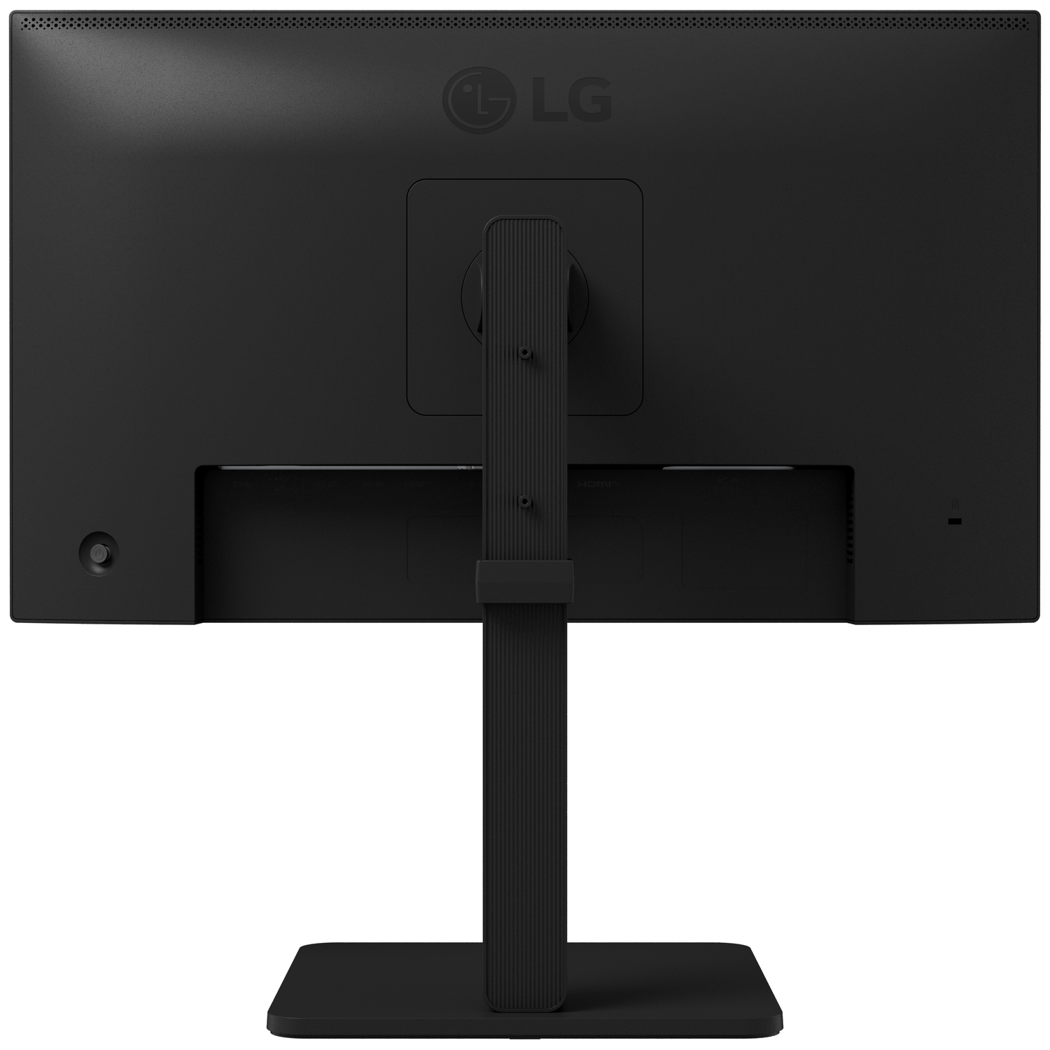The back of a black LG monitor with a stand.