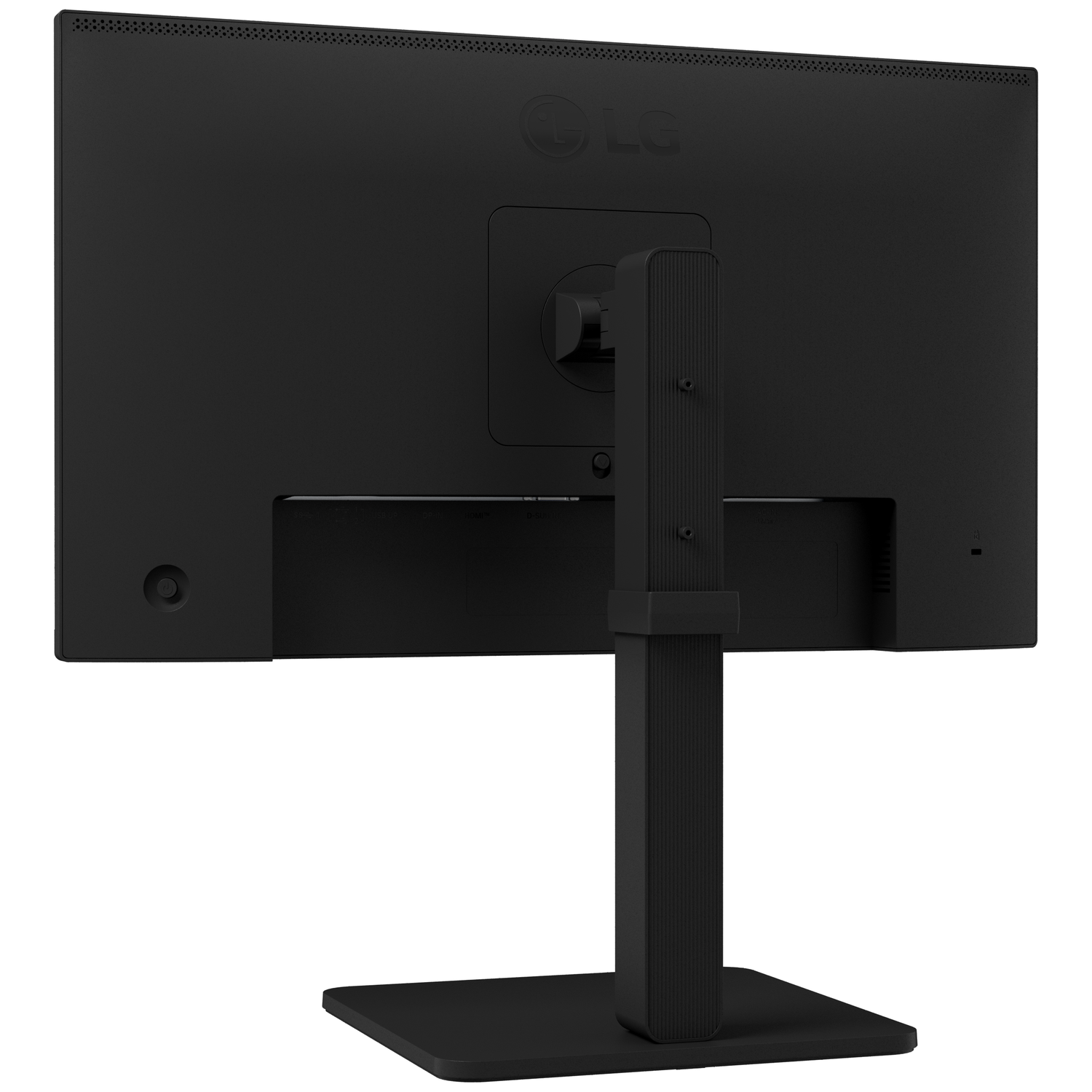 Rear view of a black LG monitor with an adjustable stand on a plain white background.