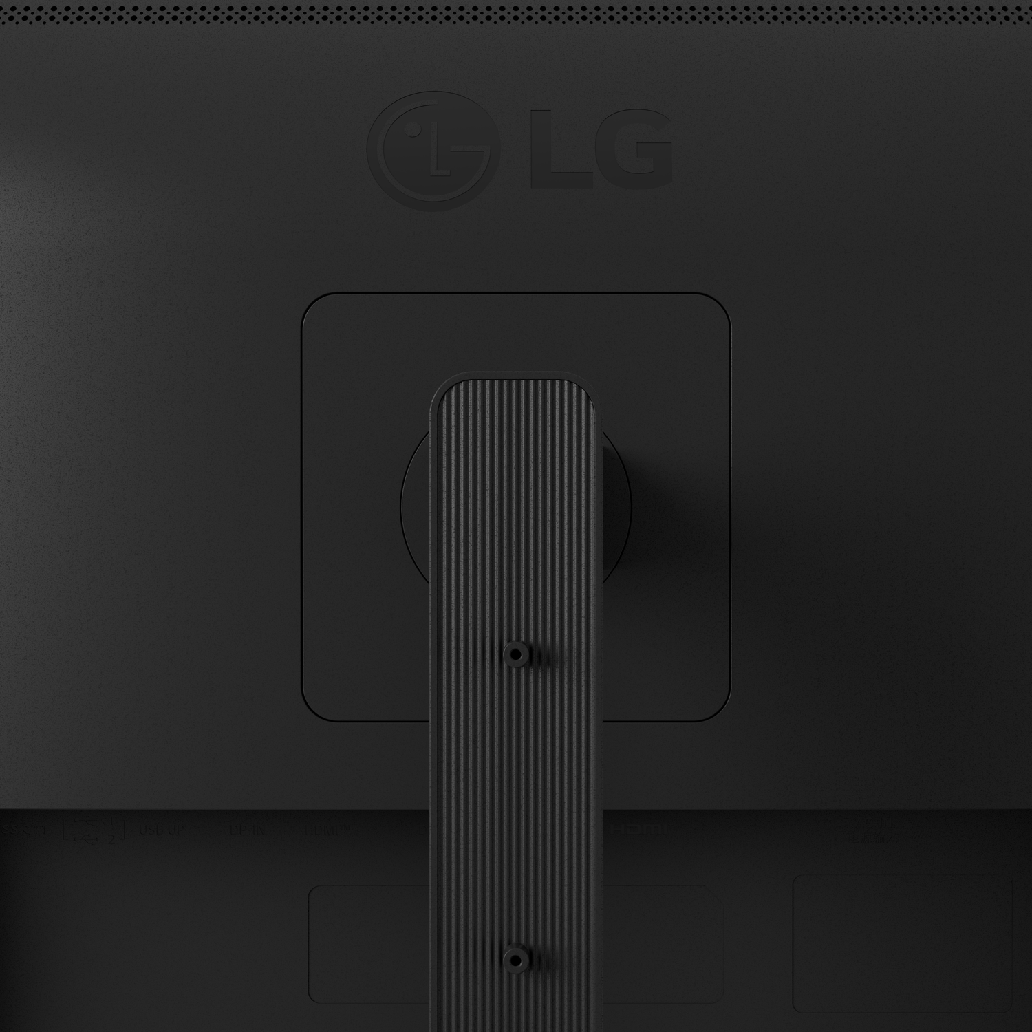 Back of a black LG monitor with a vertical stand.