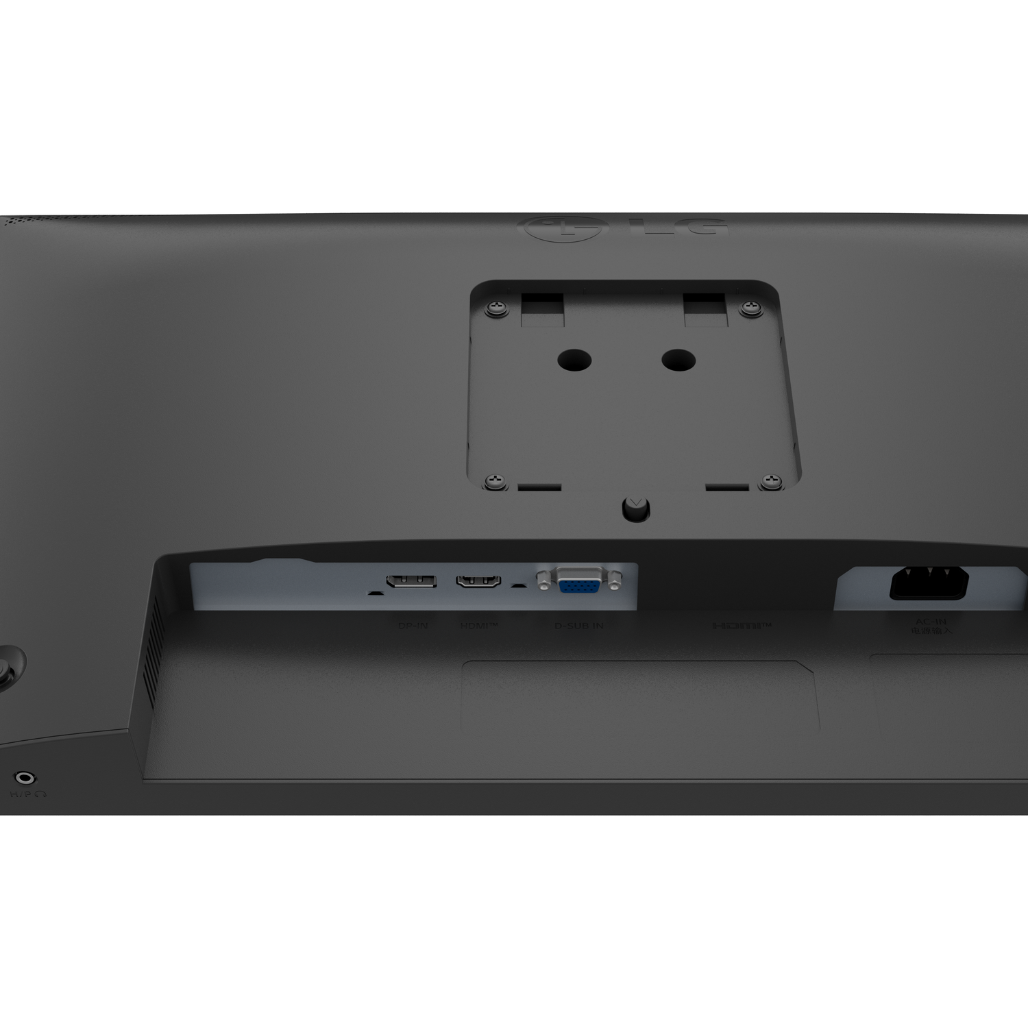 Back of a black LG monitor showing VESA mount, HDMI, DisplayPort, VGA, and power ports.