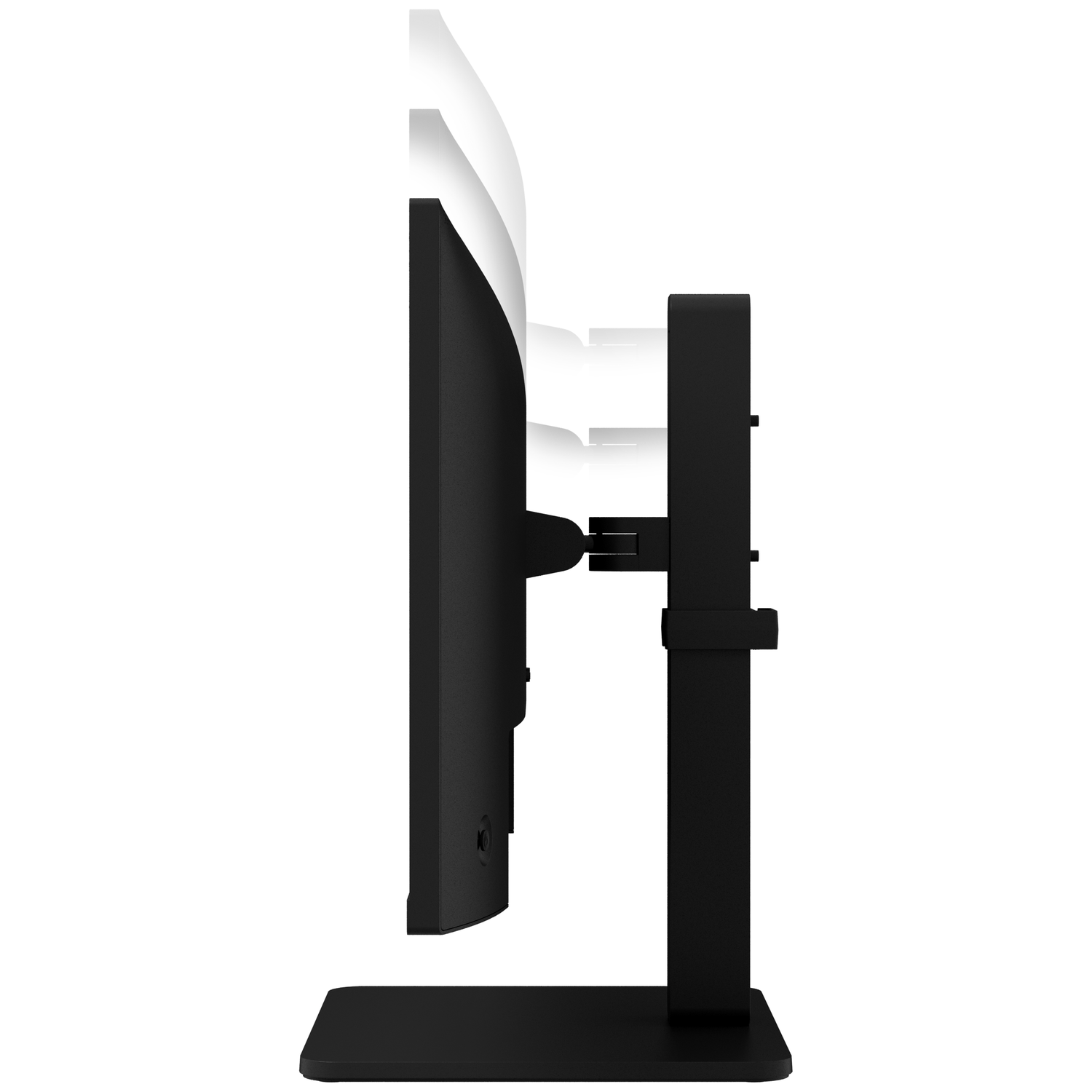 Side view of a black monitor on an adjustable stand, demonstrating height adjustment positions.