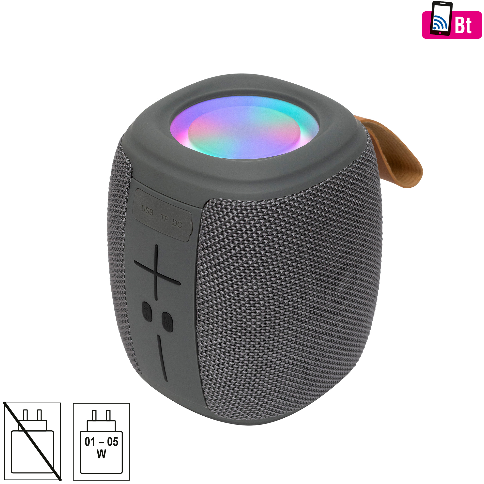 Szürke, kompakt bluetooth hangszóró szivárványos felső fénnyel és pánttal.