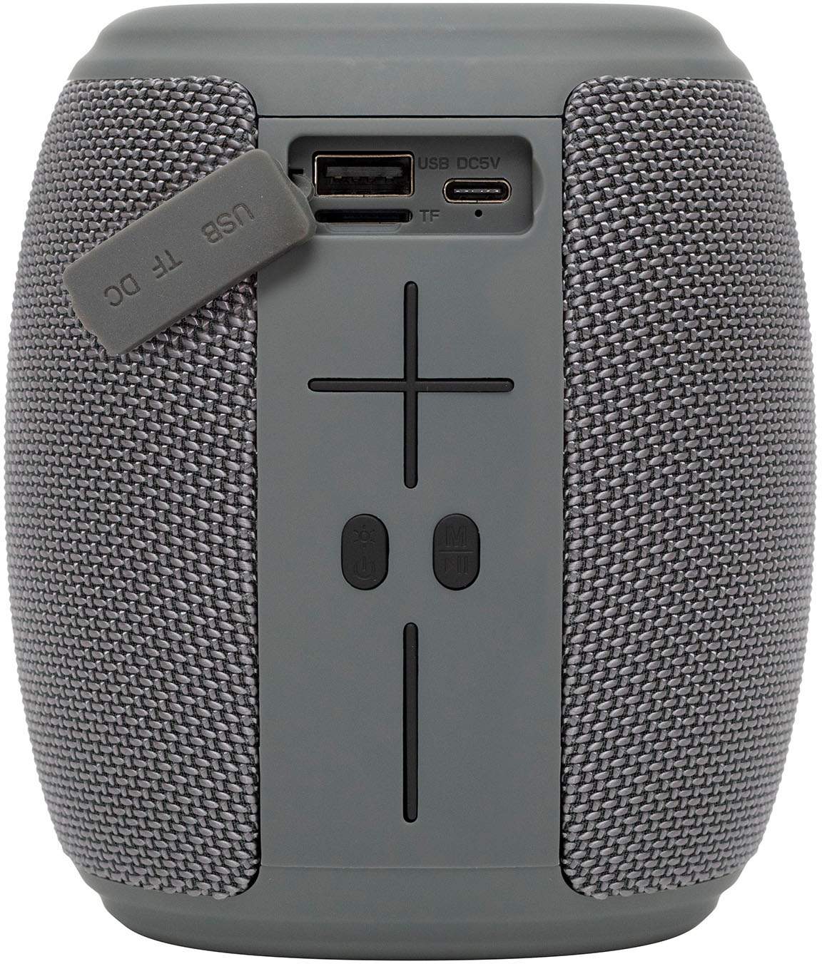Szürke bluetooth hangszóró vezérlőpult portokkal és nyitott védőburkolattal.