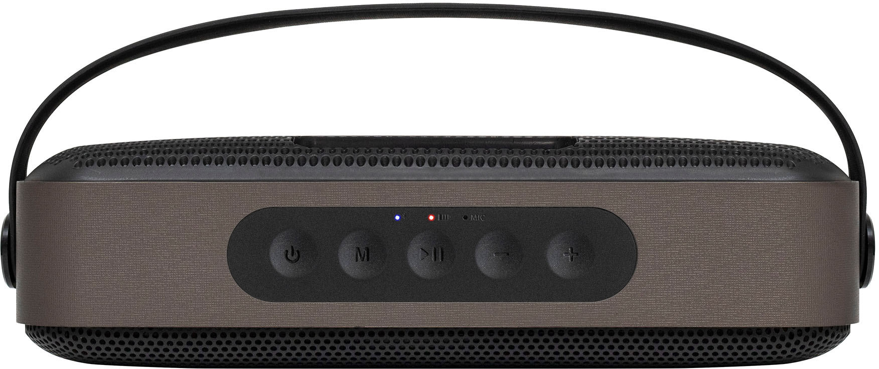 Egy szürke Bluetooth hangszóró hordozófüllel és vezérlőgombokkal.