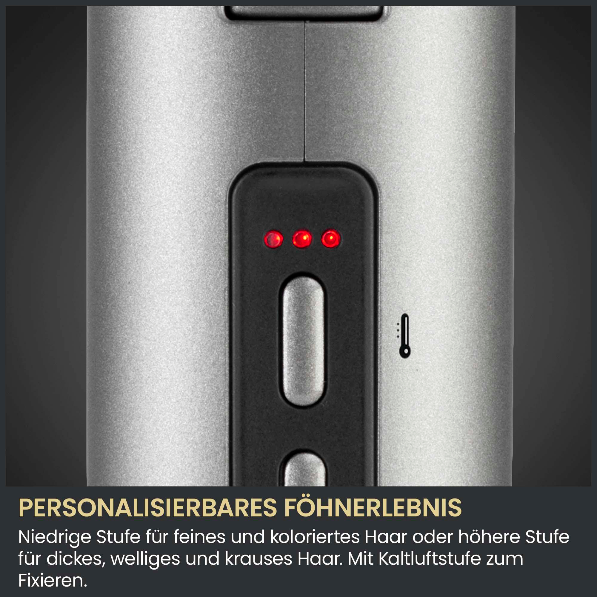 Grauer Haartrockner mit schwarzem Bedienfeld, drei roten LED-Leuchten und Tasten.