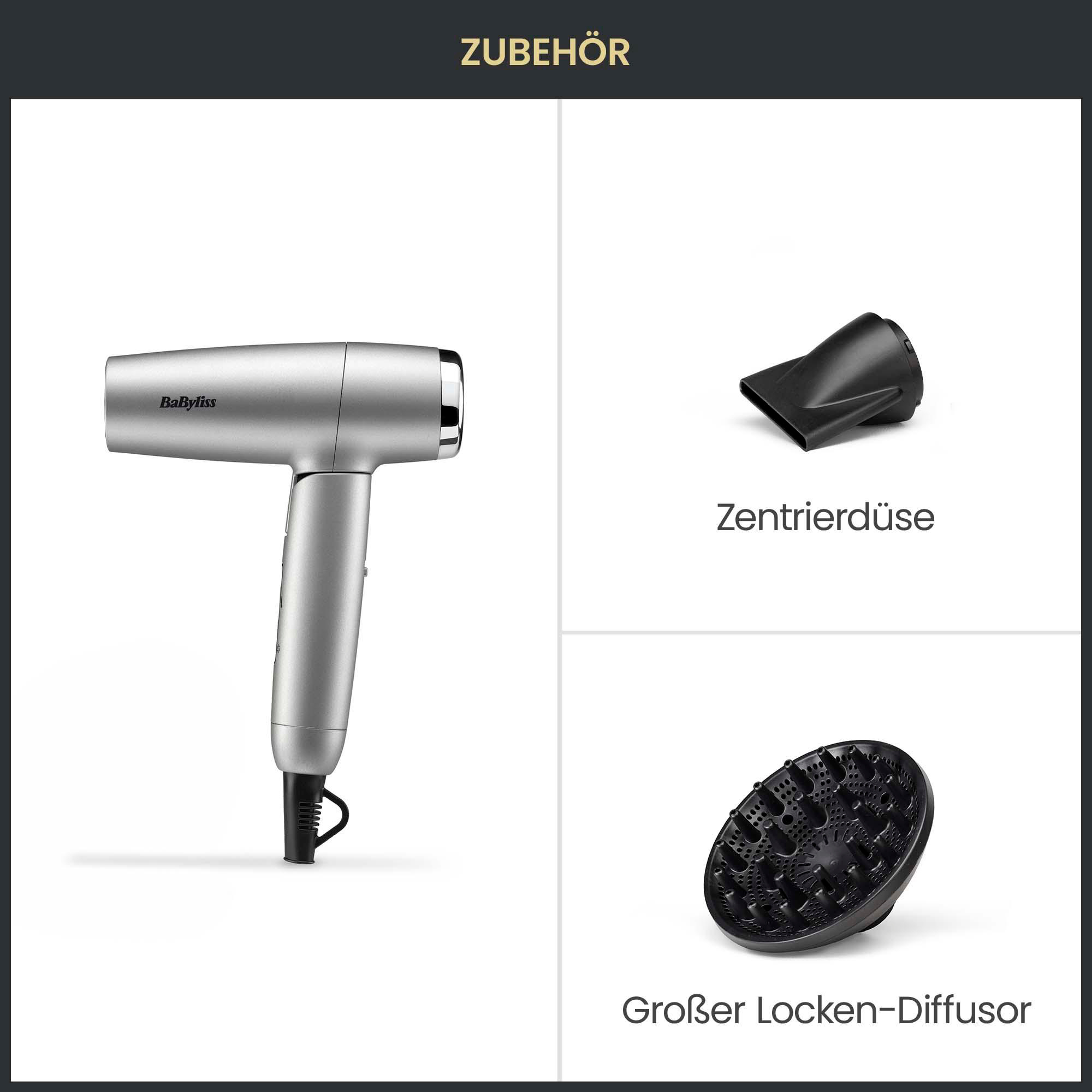 Ein silberner BaByliss Haartrockner mit Zentrierdüse und großem Locken-Diffusor vor weißem Hintergrund.