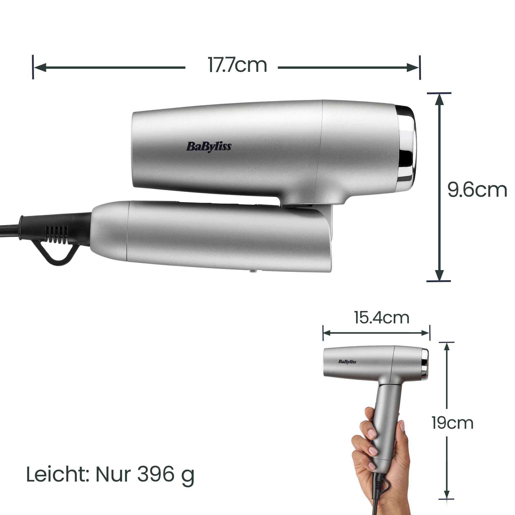 Silberner BaByliss Haartrockner mit Abmessungen und Gewichtsangabe auf weißem Hintergrund.