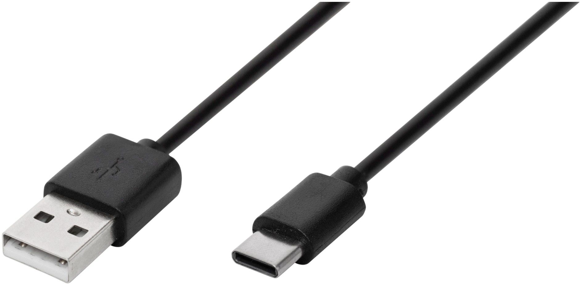 Fekete USB-A - USB-C kábel fehér háttér előtt.